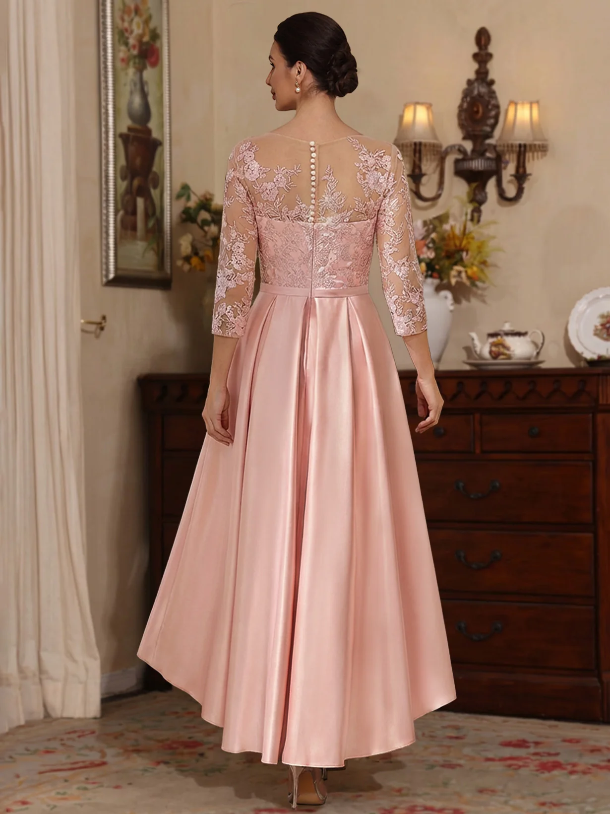 A-Line/Princess Scoop Satin Mother of the Bride Dresses Lace Asymmetrical Ankle-Length 3/4 Sleeves - Image 2