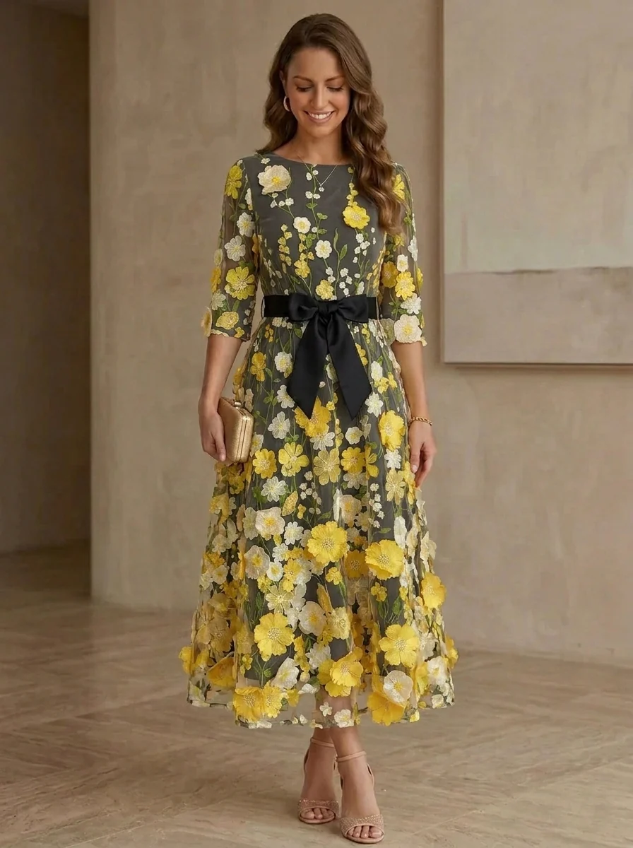 A-Line/Princess Scoop Satin  Mother of the Bride Dresses with Bowknot Lace Floral 3/4 Sleeves Tea-Length - Image 3