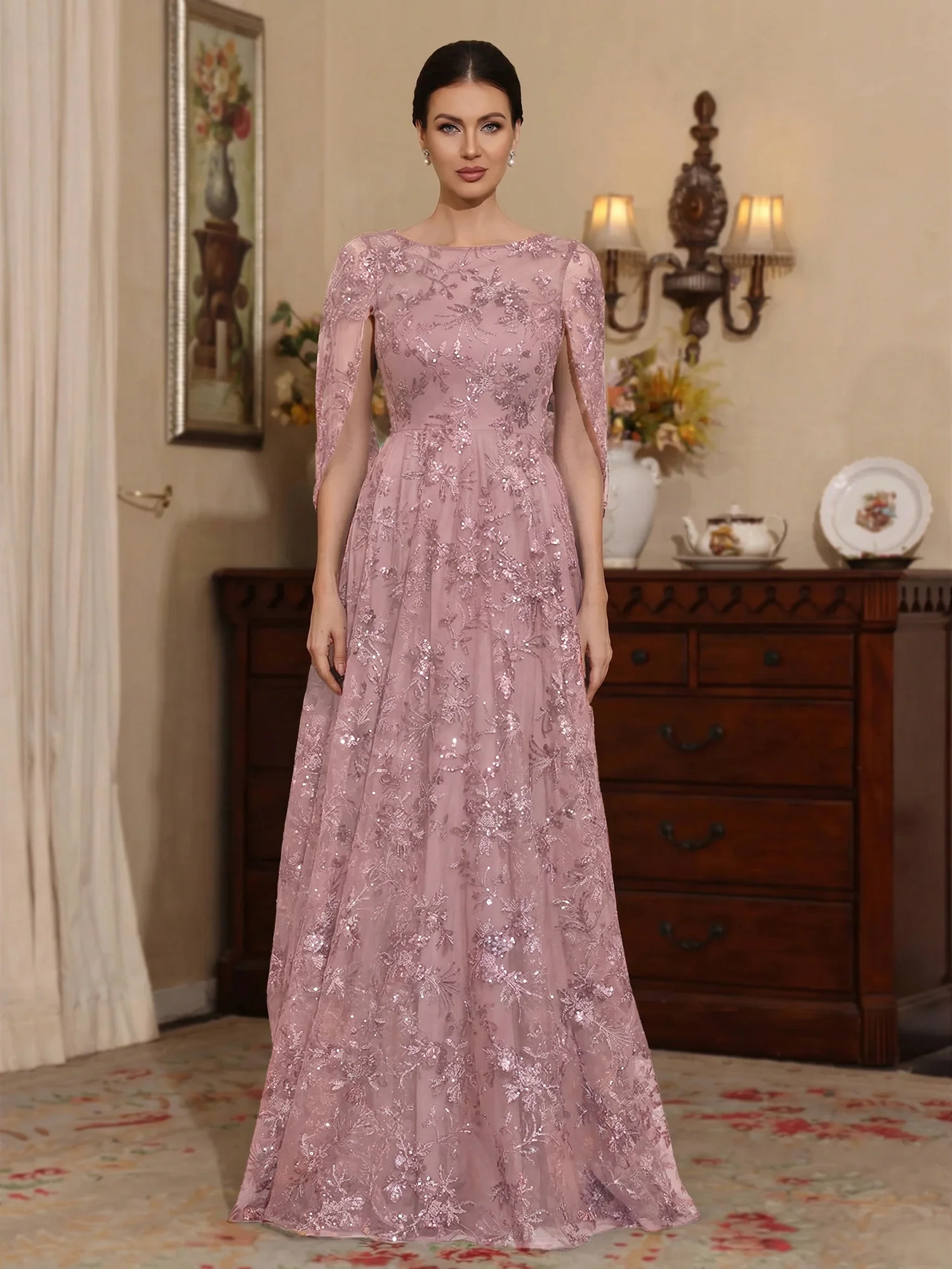 A-Line/Princess Scoop Sequins Lace Mother of the Bride Dresses Cape Sleeves Floral Floor-Length - Image 10