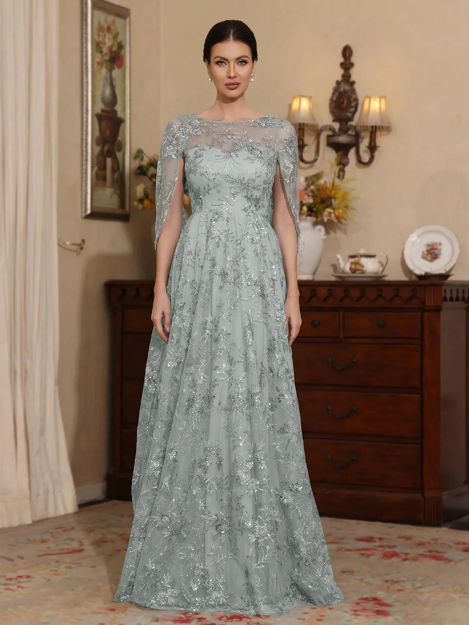 A-Line/Princess Scoop Sequins Lace Mother of the Bride Dresses Cape Sleeves Floral Floor-Length - Image 11