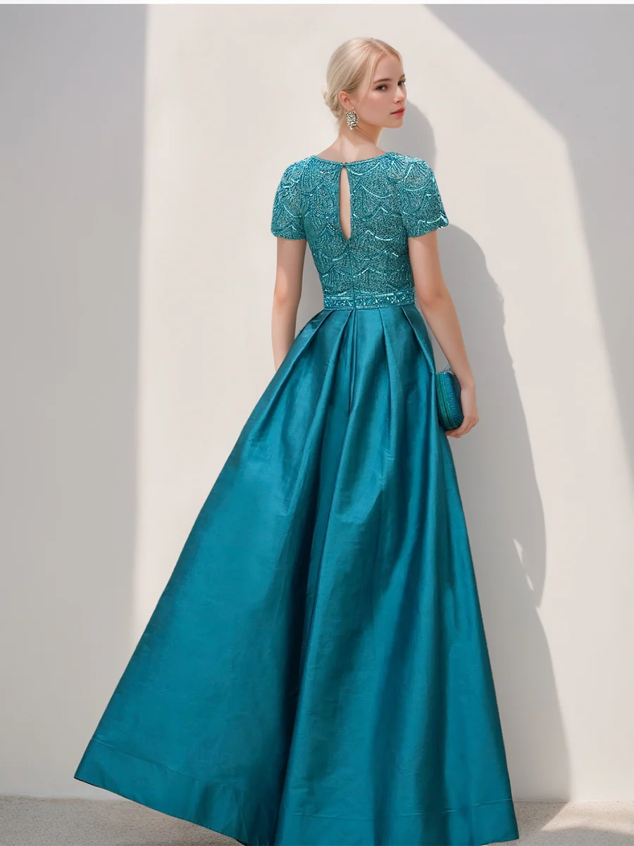 A-Line/Princess Scoop Short Sleeves Evening Dresses with Split Side & Sequins - Image 2
