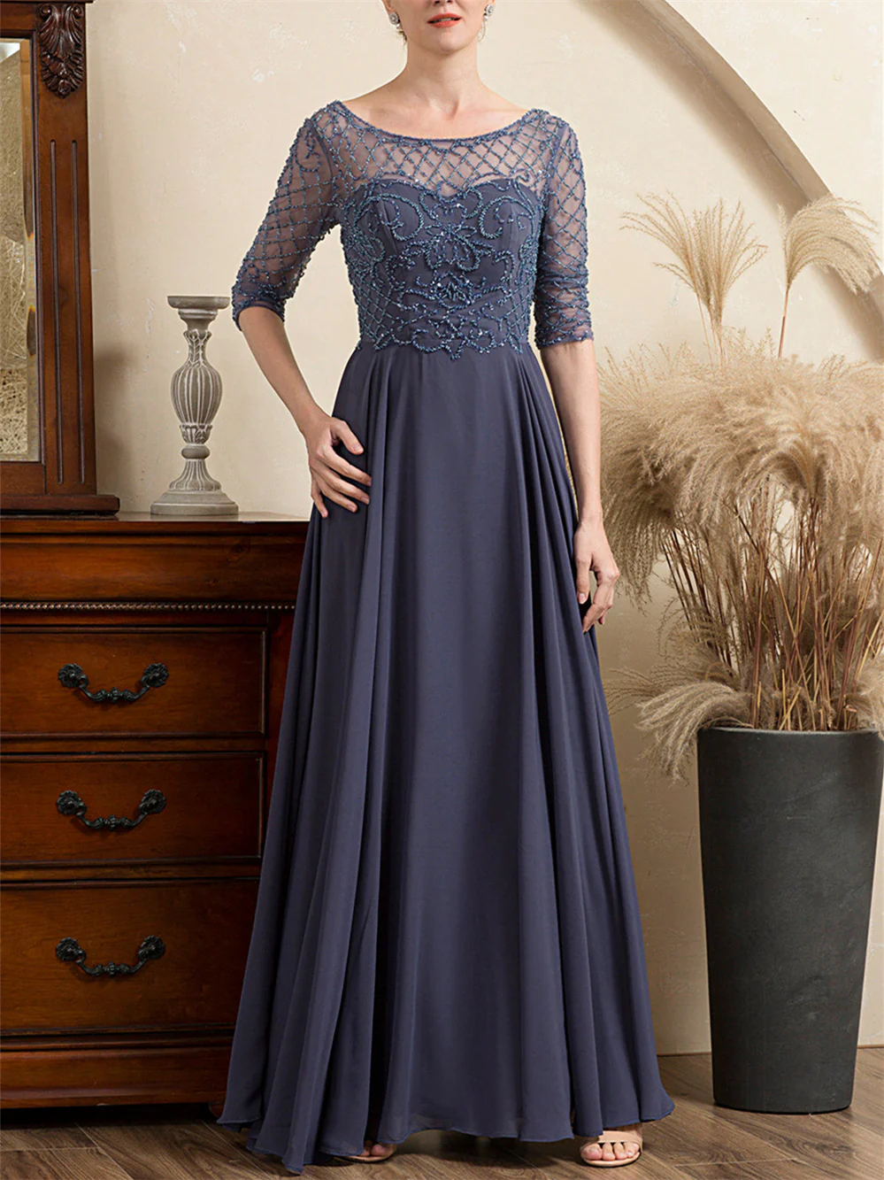 A-Line/Princess Scoop Short Sleeves Floor-Length Beaded Mother of the Bride Dresses - Image 4