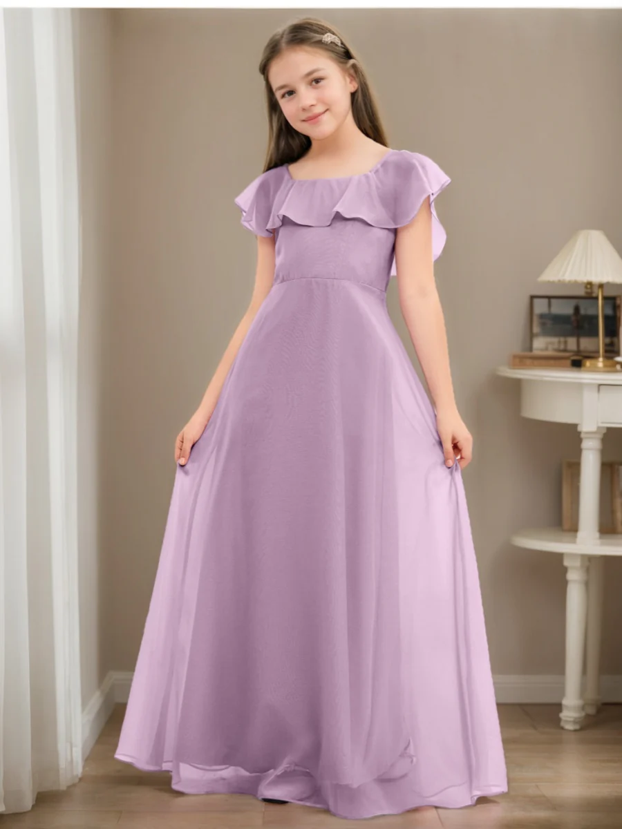 A-Line/Princess Scoop Short Sleeves Floor-Length Junior Bridesmaid Dresses with Ruffles - Image 3