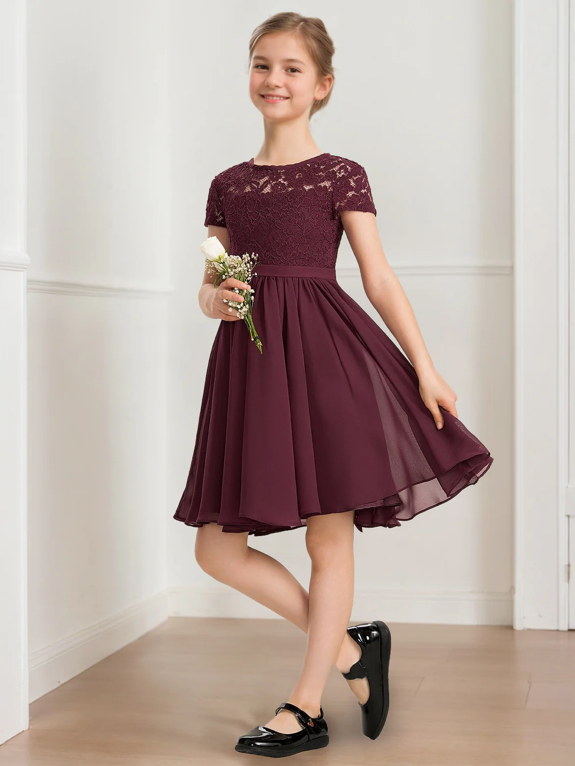 A-Line/Princess Scoop Short Sleeves Knee-Length Pleated Junior Bridesmaid Dresses with Bow Sash - Image 4