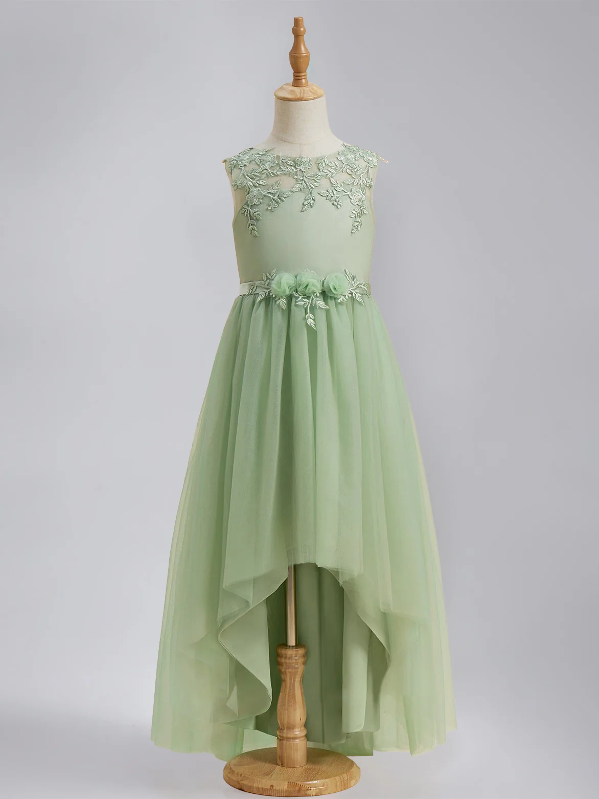 A-Line/Princess Scoop Sleeveless Asymmetrical Pleated Flower Girl Dresses with Sash & Lace Appliques - Image 3