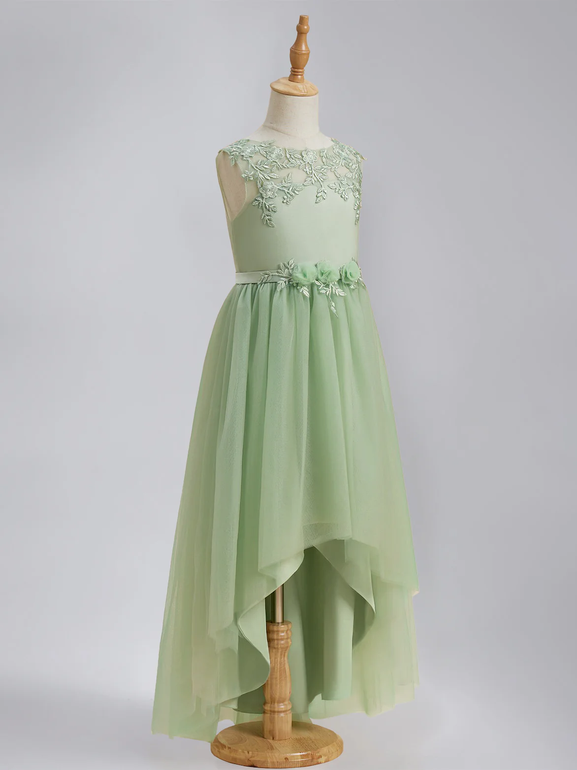 A-Line/Princess Scoop Sleeveless Asymmetrical Pleated Flower Girl Dresses with Sash & Lace Appliques - Image 6