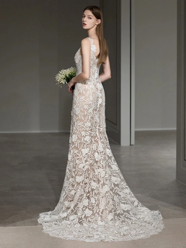 A-Line/Princess Scoop Sleeveless Sweep Train Wedding Dresses with Lace Appliques - Image 2