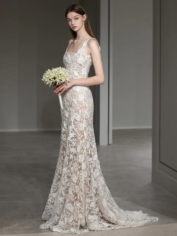 A-Line/Princess Scoop Sleeveless Sweep Train Wedding Dresses with Lace Appliques - Image 3