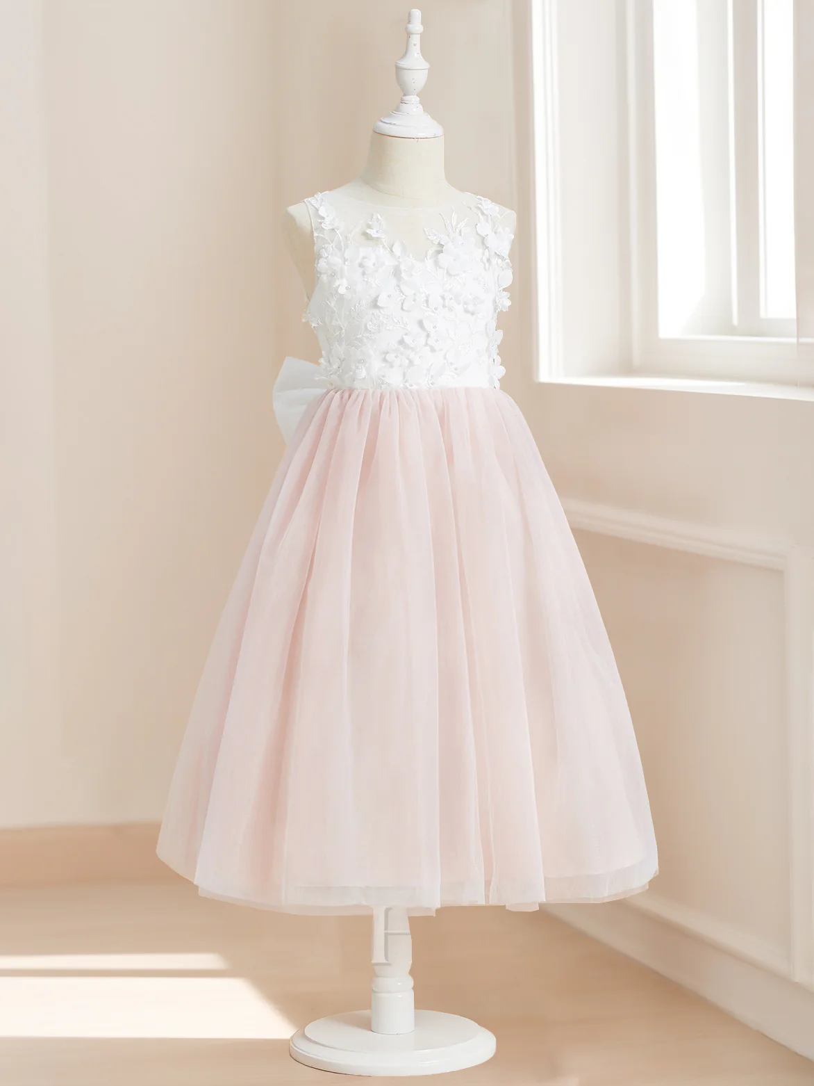 A-Line/Princess Scoop Sleeveless Tea-Length Pleated Flower Girl Dresses with 3D Flowers & Bow - Image 6