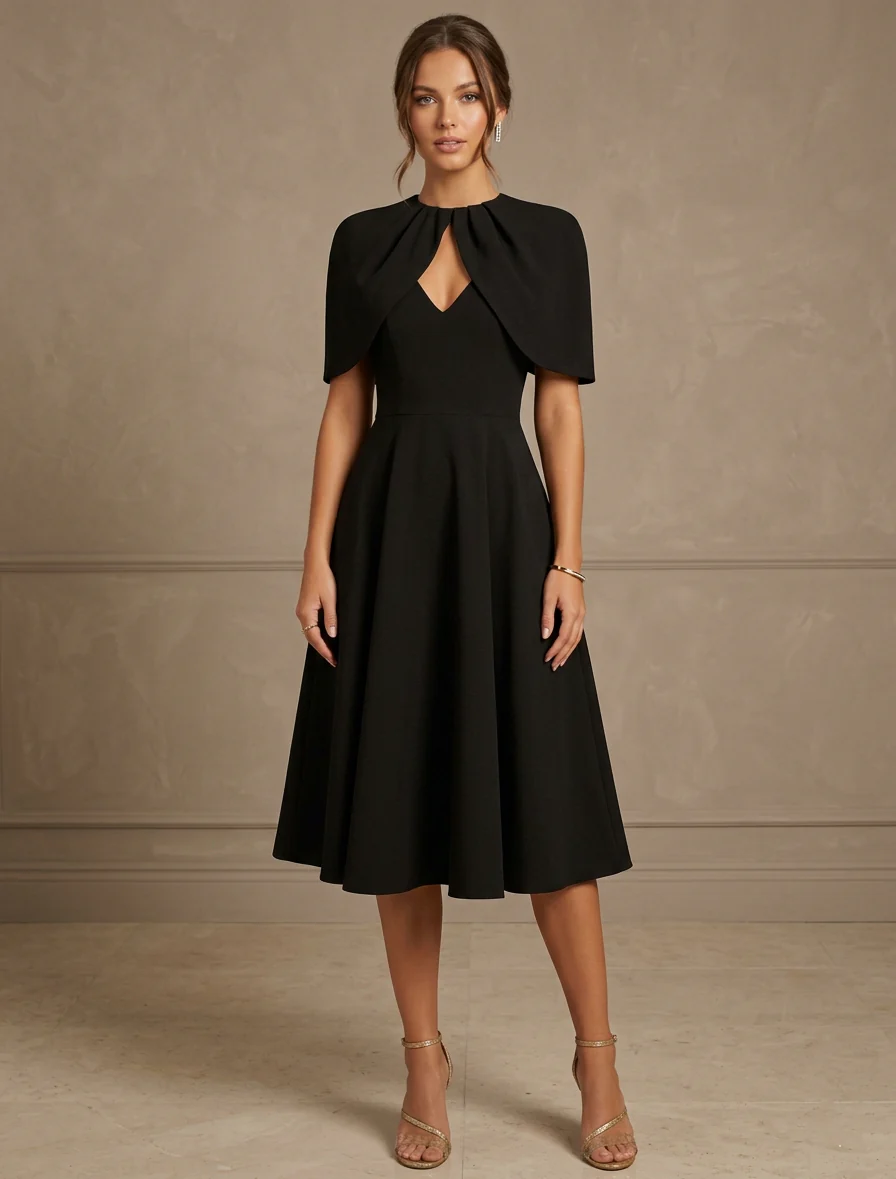 A-Line/Princess Scoop Stretch Satin Cocktail Dresses Cape Sleeves Tea-Length Pleated Formal Dresses - Image 3