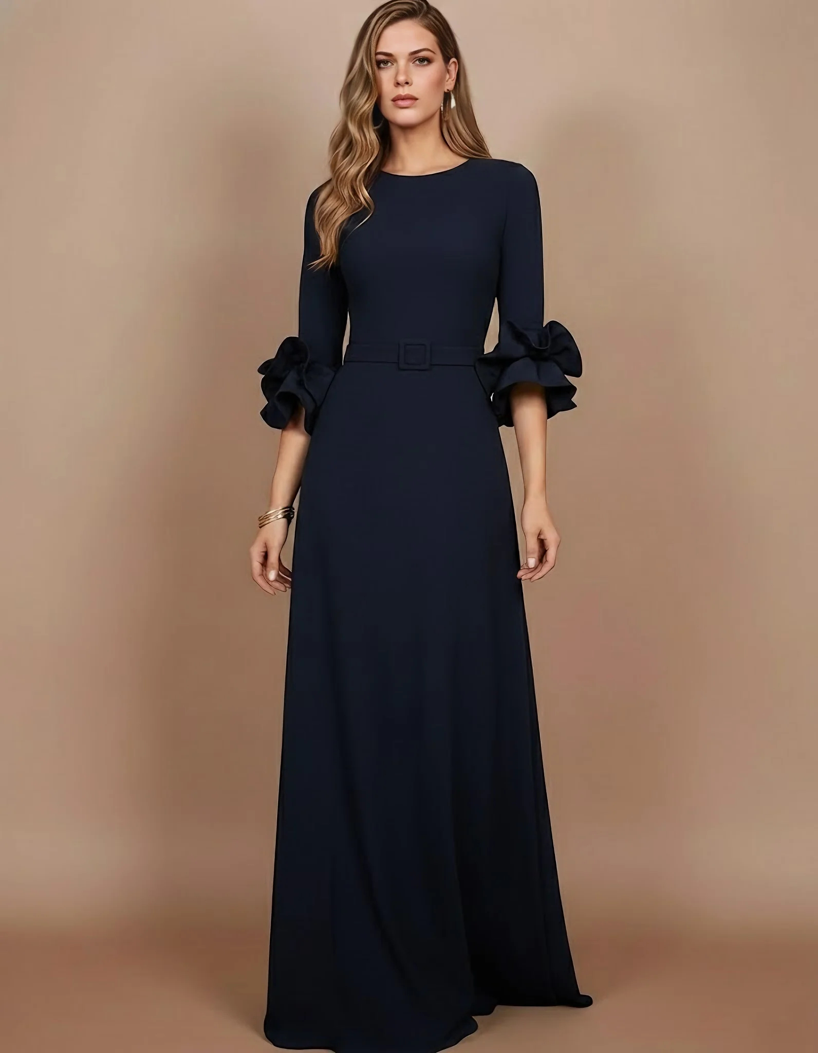 A-Line/Princess Scoop Stretch Satin Mother of the Bride Dresses Floor-Length 3/4 Sleeves Ruffles - Image 3