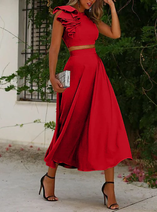 Two Piece A-Line Wedding Guest Cocktail Dresses Scoop Tea-Length Sleeves With Ruffles - Image 12