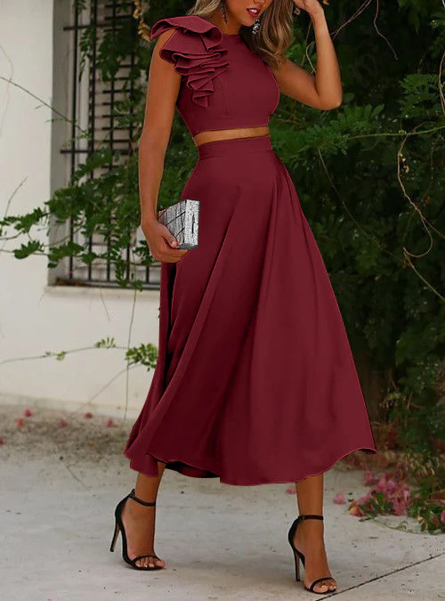Two Piece A-Line Wedding Guest Cocktail Dresses Scoop Tea-Length Sleeves With Ruffles - Image 5
