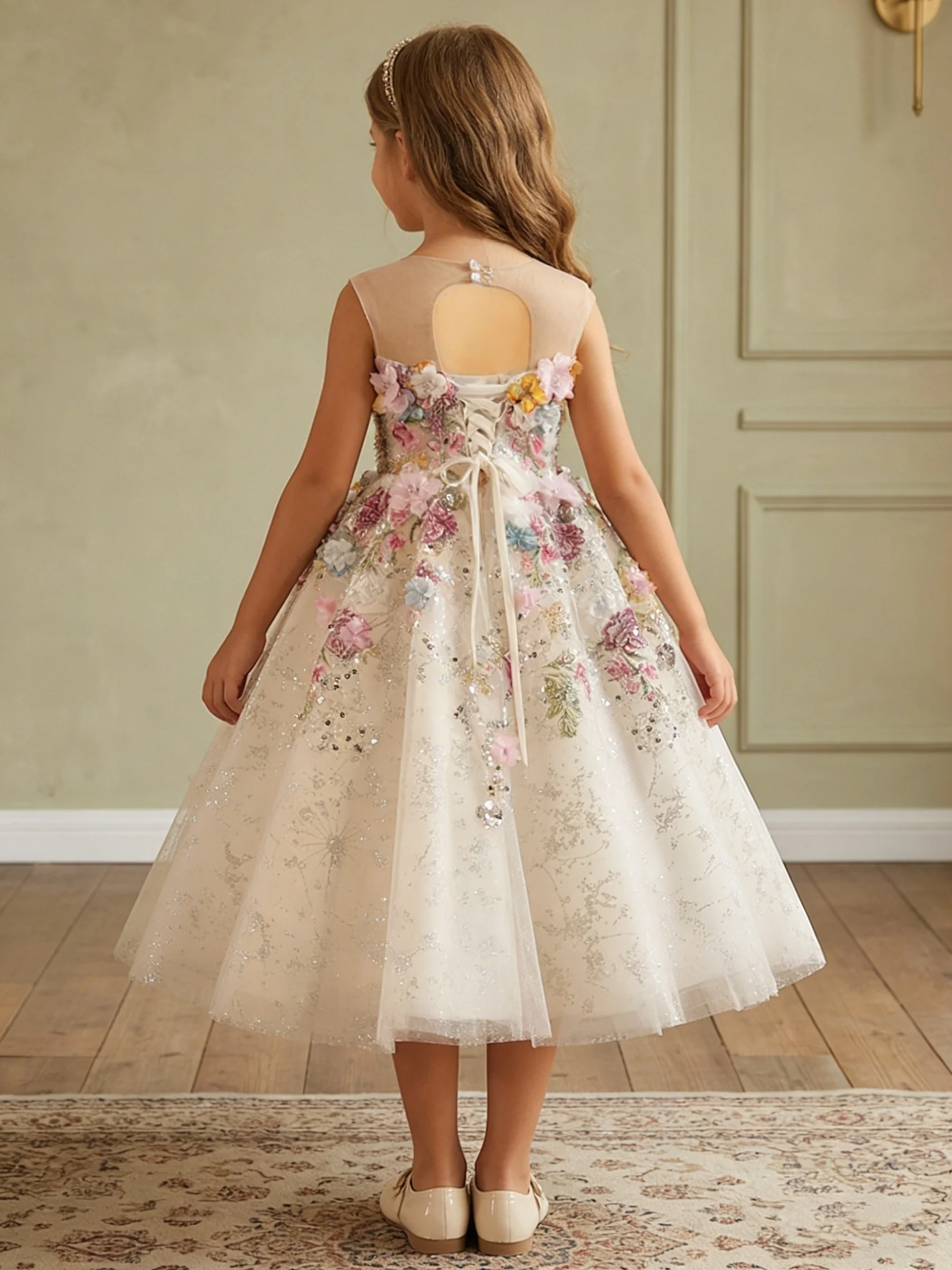 A-Line/Princess Scoop Tulle Flower Girl Dresses With 3D Flowers Tea-Length - Image 2
