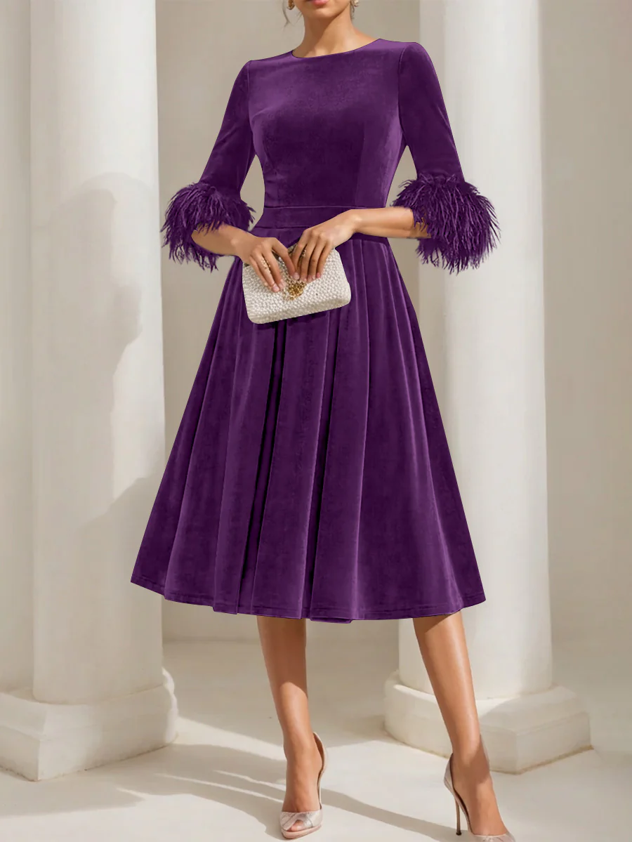 A-Line/Princess Scoop Velvet Mother of the Bride Dresses Half Sleeves Feather-trimmed - Image 10