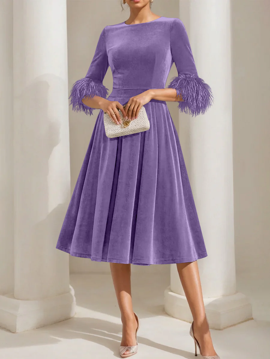 A-Line/Princess Scoop Velvet Mother of the Bride Dresses Half Sleeves Feather-trimmed - Image 12