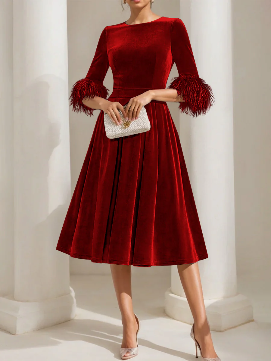 A-Line/Princess Scoop Velvet Mother of the Bride Dresses Half Sleeves Feather-trimmed - Image 15