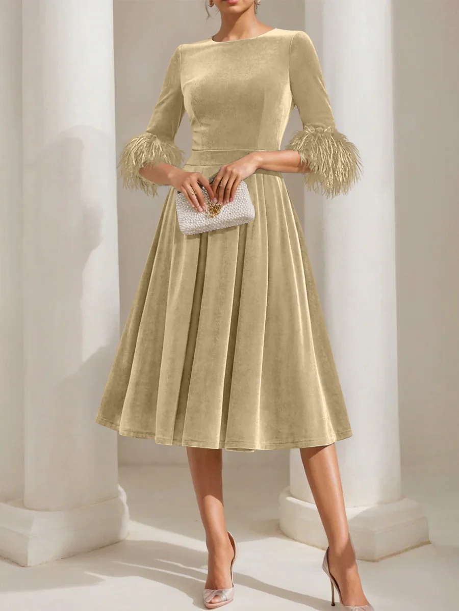 A-Line/Princess Scoop Velvet Mother of the Bride Dresses Half Sleeves Feather-trimmed - Image 7