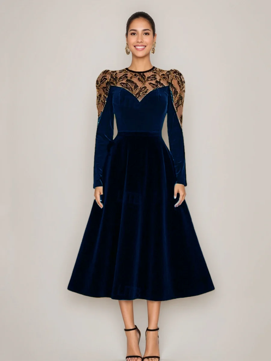A-Line/Princess Scoop Velvet Mother of the Bride Dresses Long Sleeves Tea-Length Lace - Image 3