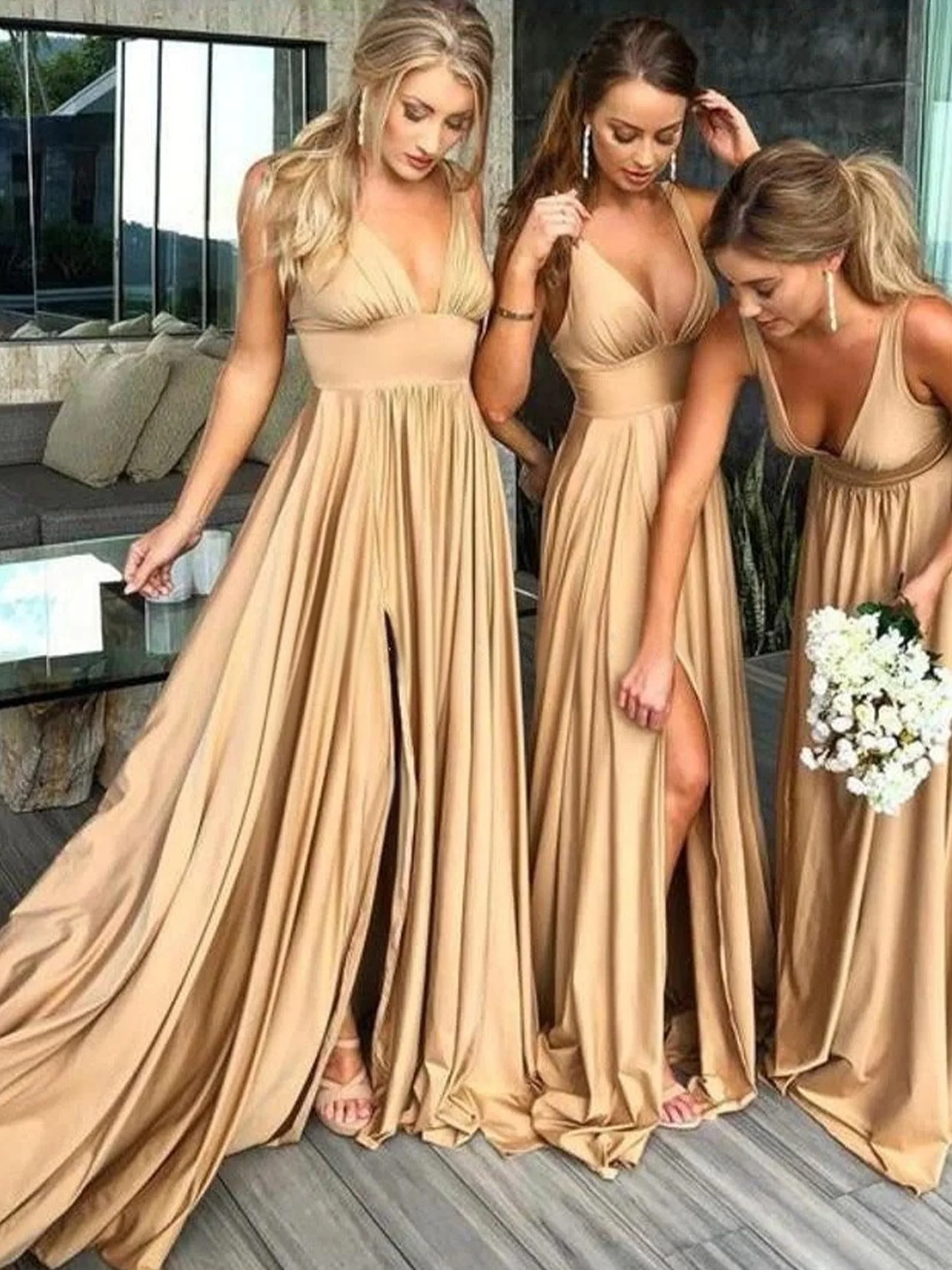 A-Line/Princess Sexy Plunge V-Neck Sleeveless Floor-Length Pleated Bridesmaid Dresses with Slit - Image 2