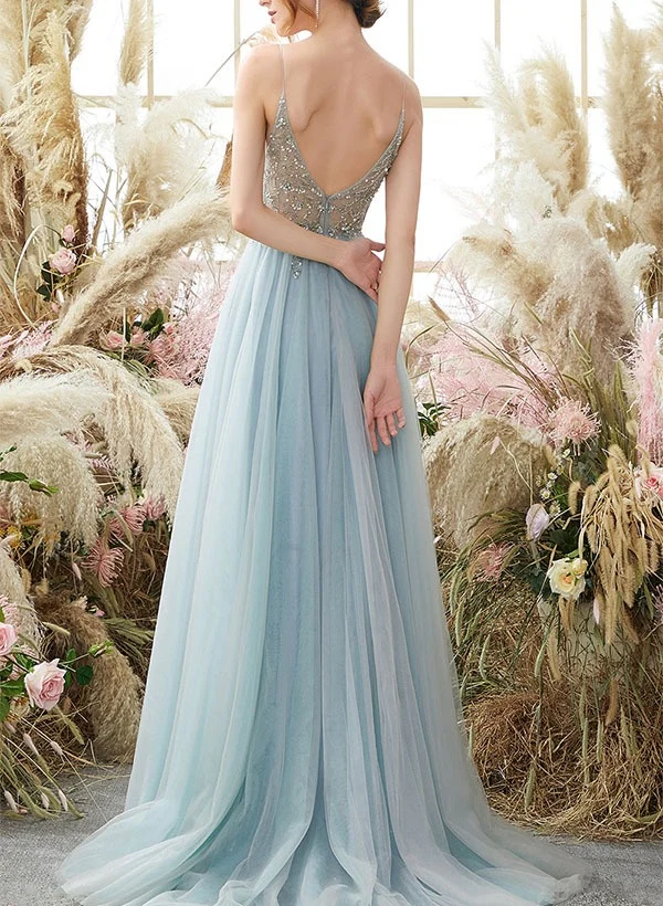 A-line/Princess Sexy Spaghetti Straps Sleeveless Prom Dresses with High Split & Appliques - Image 2