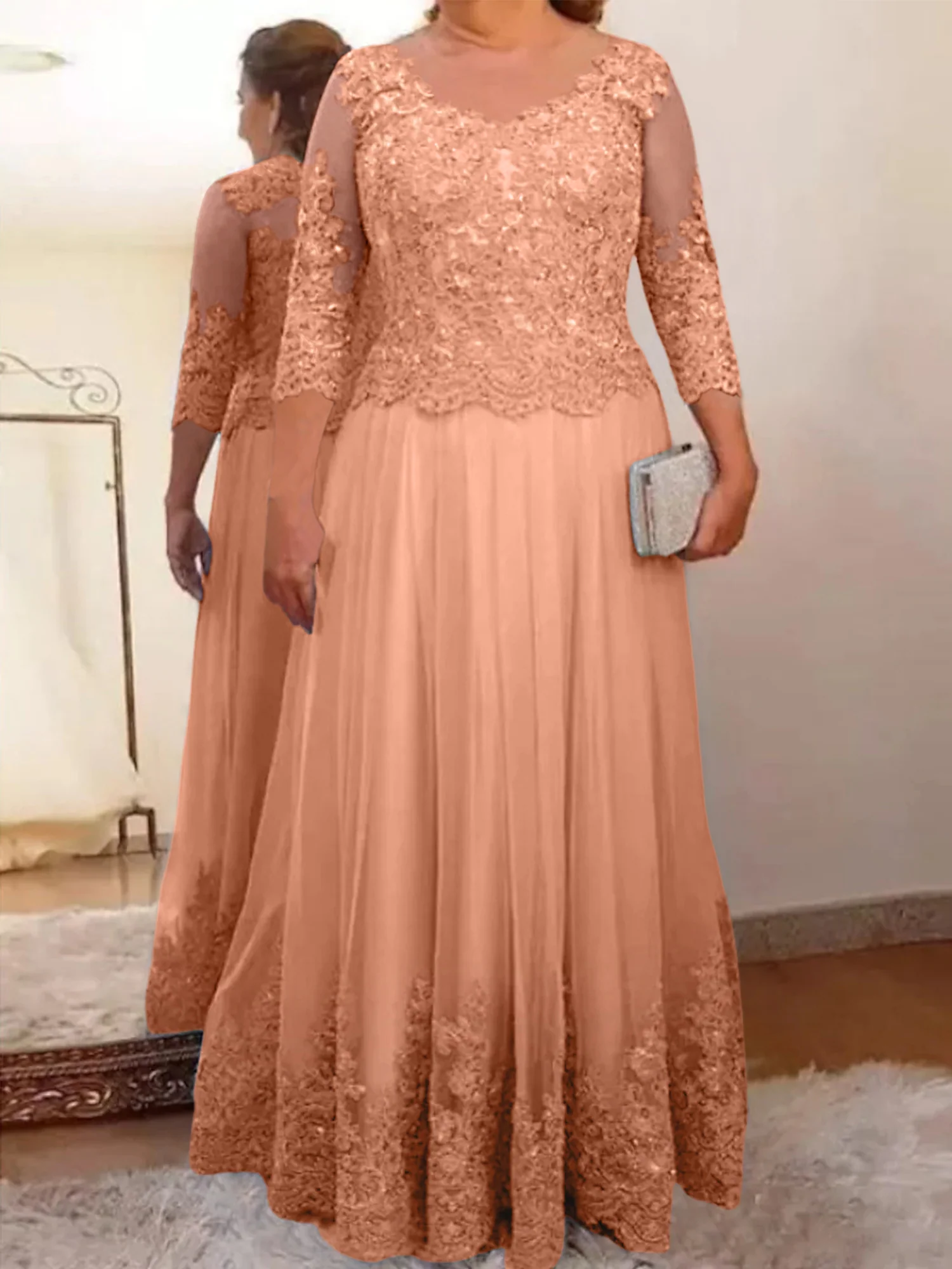 A-Line/Princess Sheer Neck 3/4 Length Sleeves Floor-Length Mother of the Bride Dresses with Applique - Image 10
