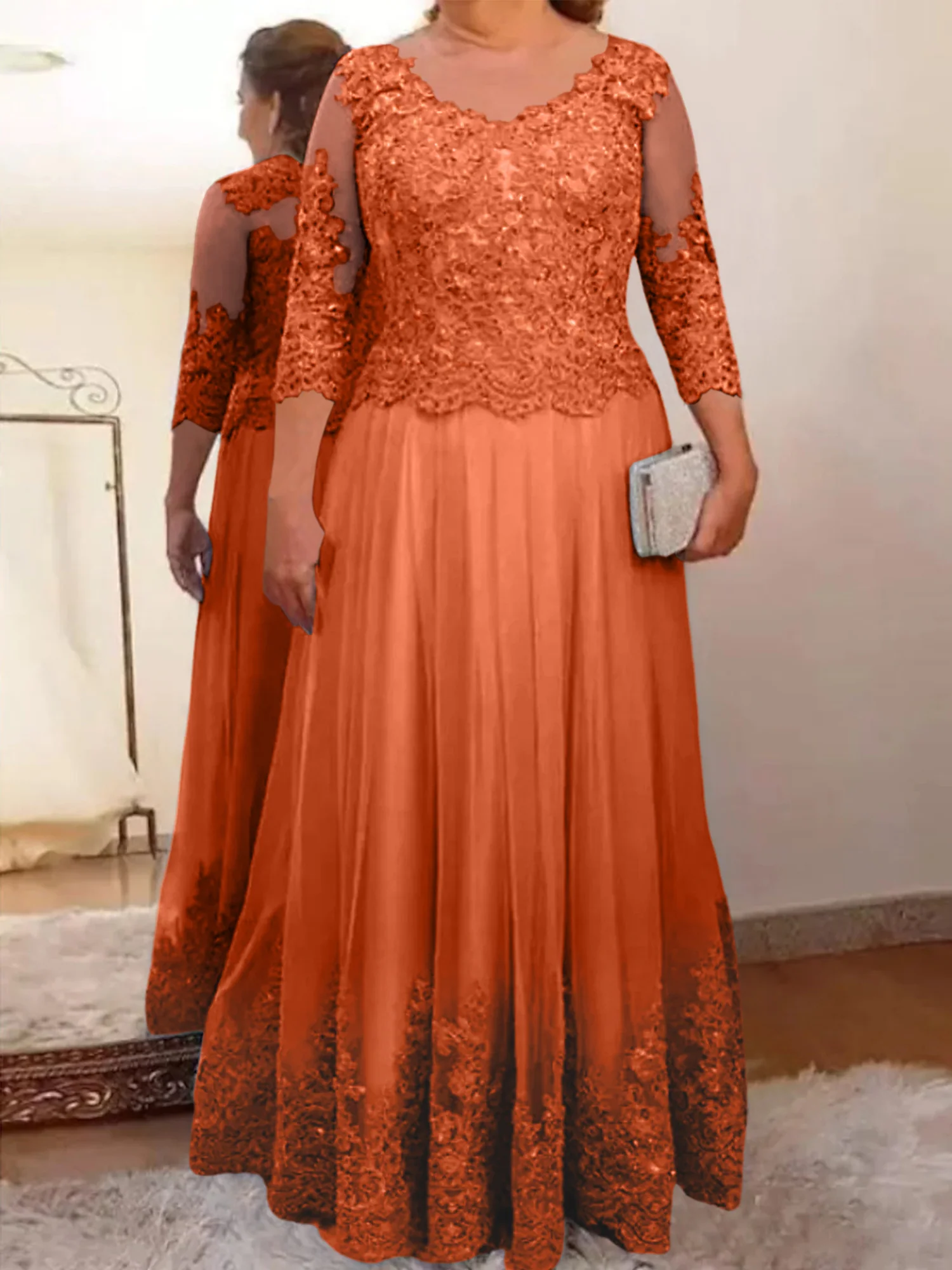 A-Line/Princess Sheer Neck 3/4 Length Sleeves Floor-Length Mother of the Bride Dresses with Applique - Image 11