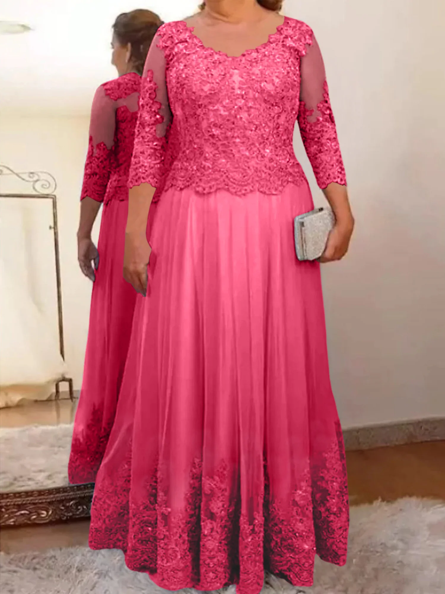 A-Line/Princess Sheer Neck 3/4 Length Sleeves Floor-Length Mother of the Bride Dresses with Applique - Image 12