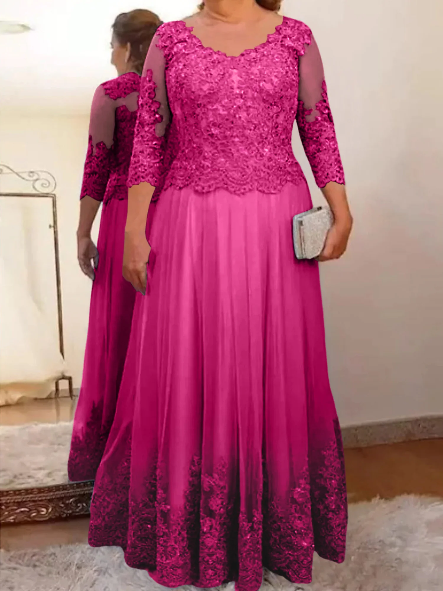 A-Line/Princess Sheer Neck 3/4 Length Sleeves Floor-Length Mother of the Bride Dresses with Applique - Image 13