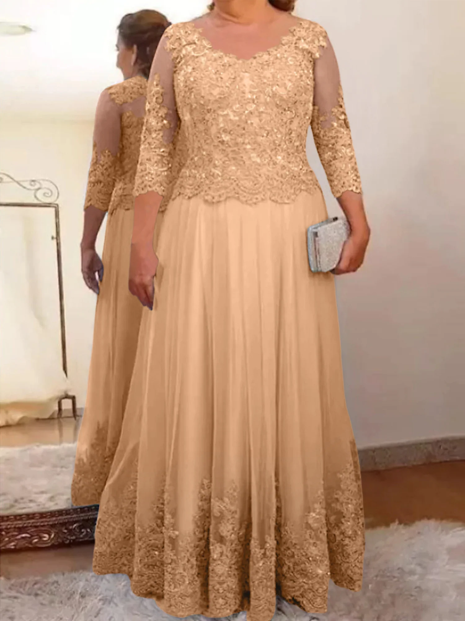A-Line/Princess Sheer Neck 3/4 Length Sleeves Floor-Length Mother of the Bride Dresses with Applique - Image 14