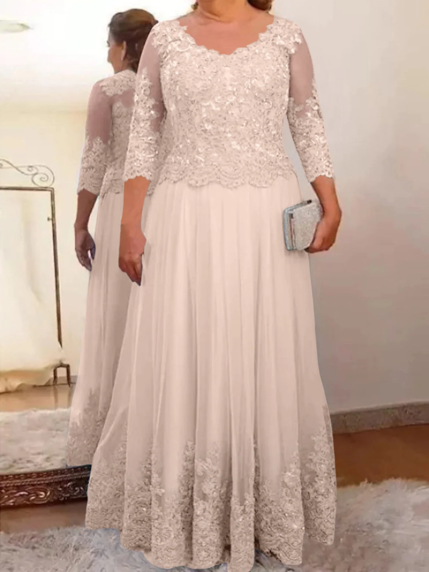 A-Line/Princess Sheer Neck 3/4 Length Sleeves Floor-Length Mother of the Bride Dresses with Applique - Image 15