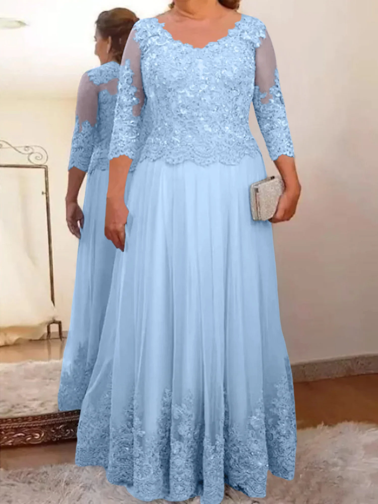 A-Line/Princess Sheer Neck 3/4 Length Sleeves Floor-Length Mother of the Bride Dresses with Applique - Image 17