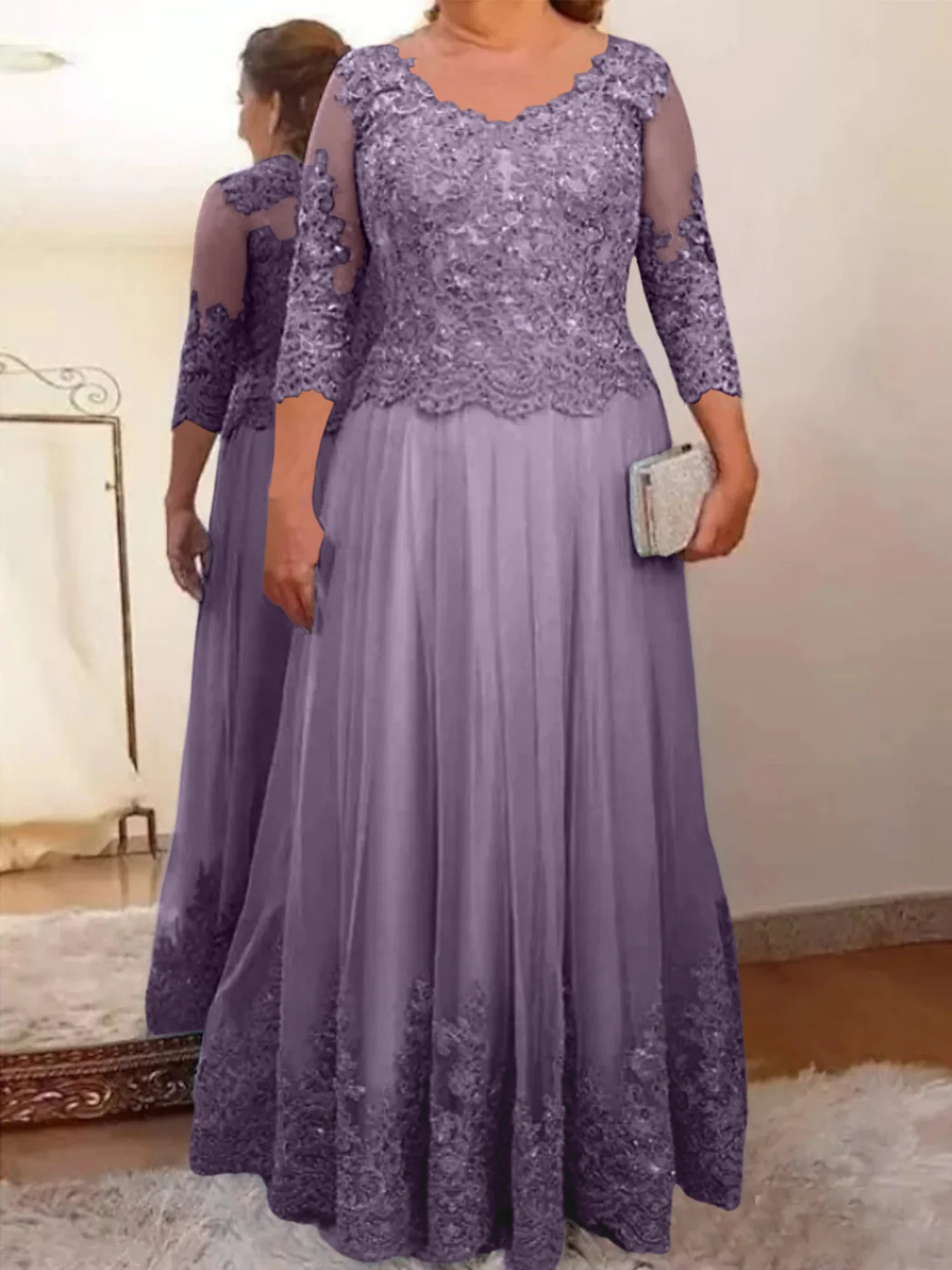 A-Line/Princess Sheer Neck 3/4 Length Sleeves Floor-Length Mother of the Bride Dresses with Applique - Image 18