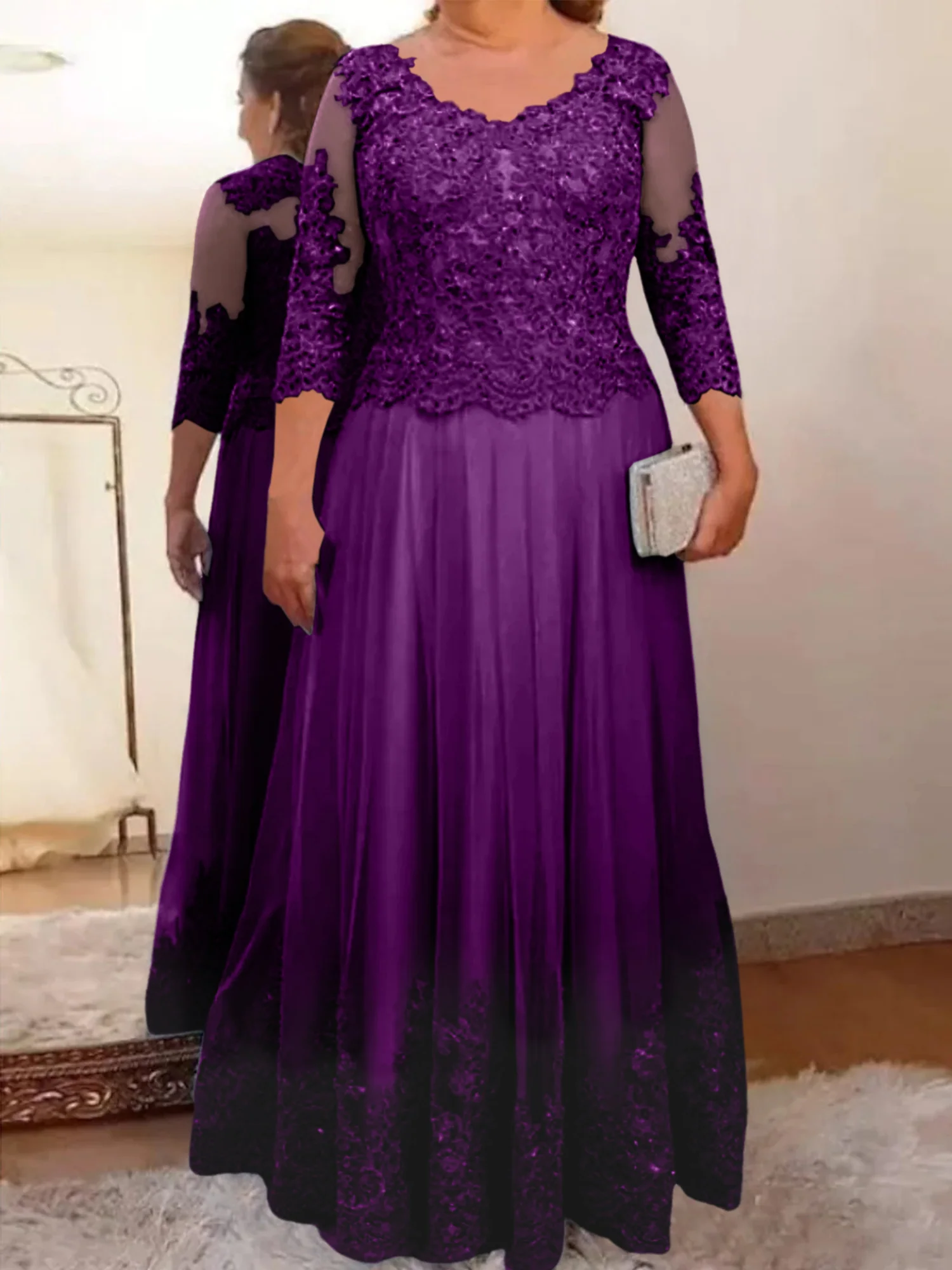 A-Line/Princess Sheer Neck 3/4 Length Sleeves Floor-Length Mother of the Bride Dresses with Applique - Image 19