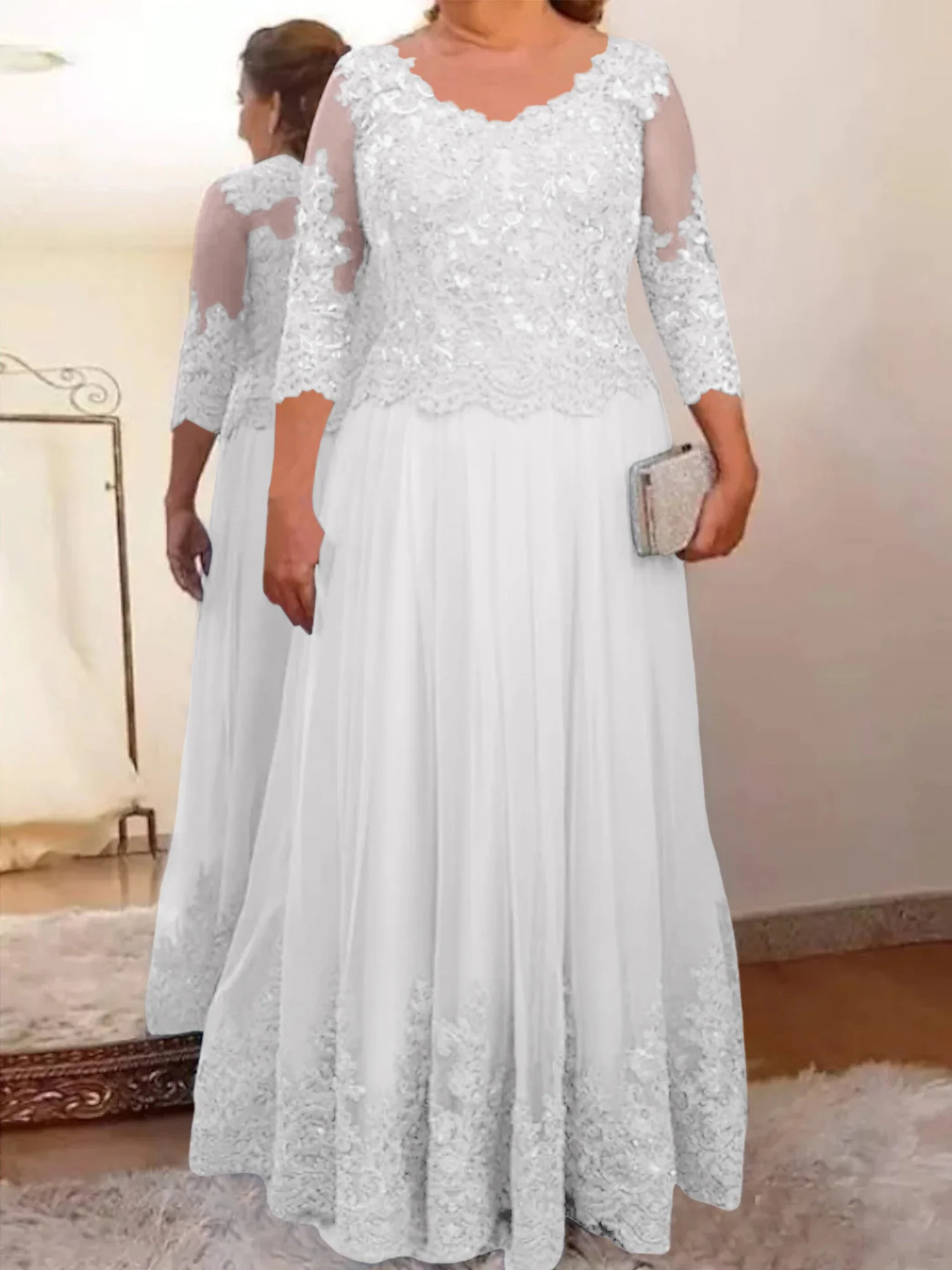 A-Line/Princess Sheer Neck 3/4 Length Sleeves Floor-Length Mother of the Bride Dresses with Applique - Image 20