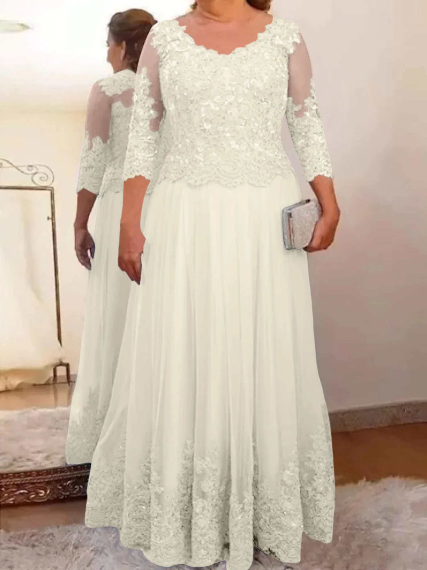 A-Line/Princess Sheer Neck 3/4 Length Sleeves Floor-Length Mother of the Bride Dresses with Applique - Image 21