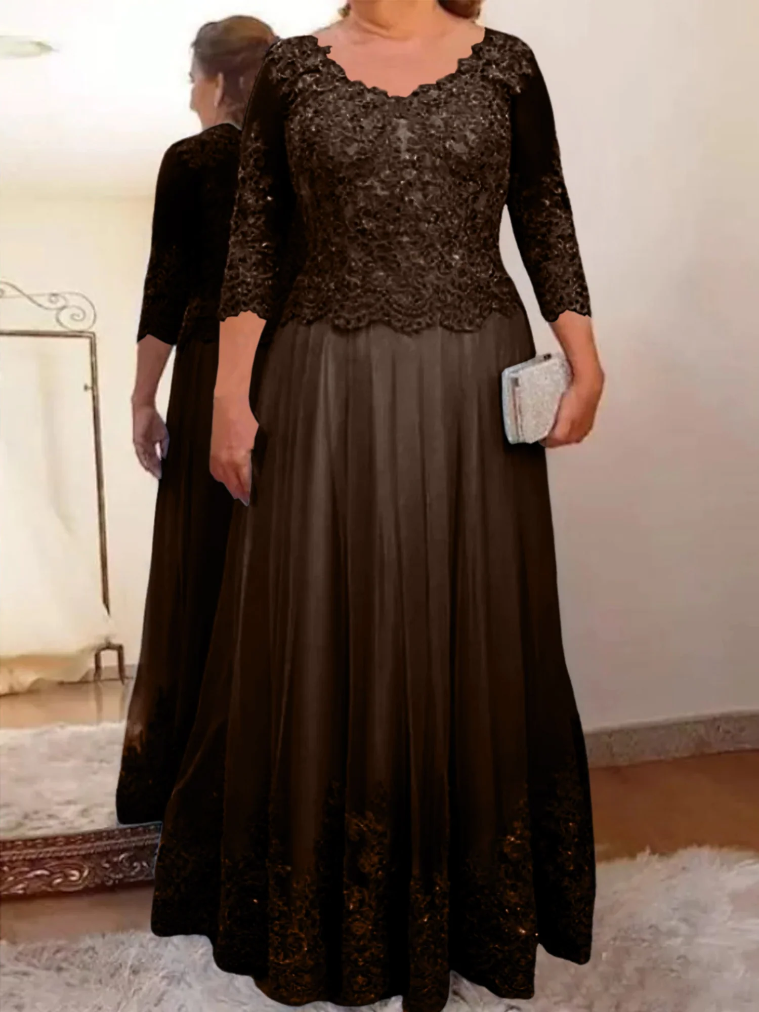 A-Line/Princess Sheer Neck 3/4 Length Sleeves Floor-Length Mother of the Bride Dresses with Applique - Image 22
