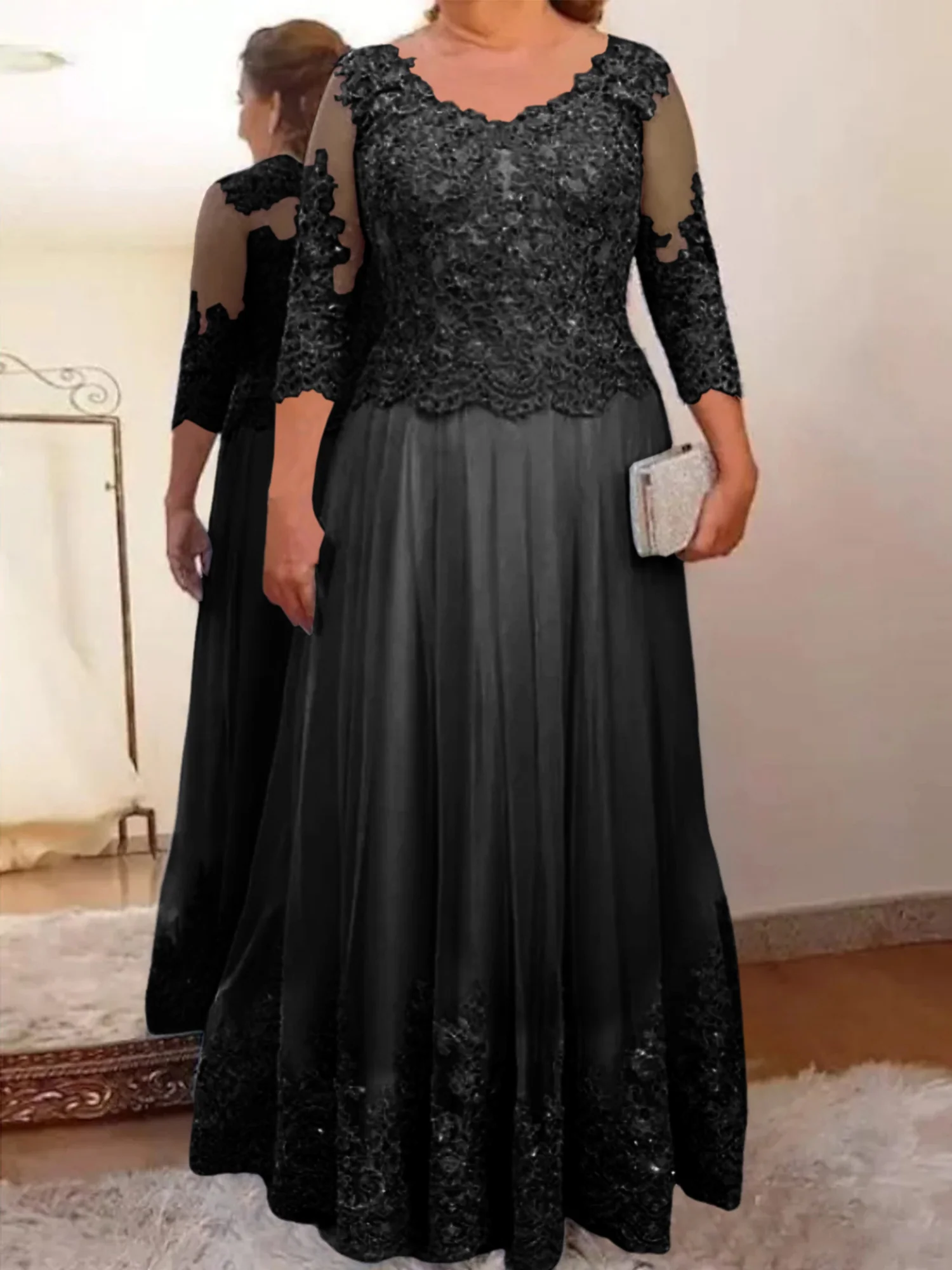 A-Line/Princess Sheer Neck 3/4 Length Sleeves Floor-Length Mother of the Bride Dresses with Applique - Image 23