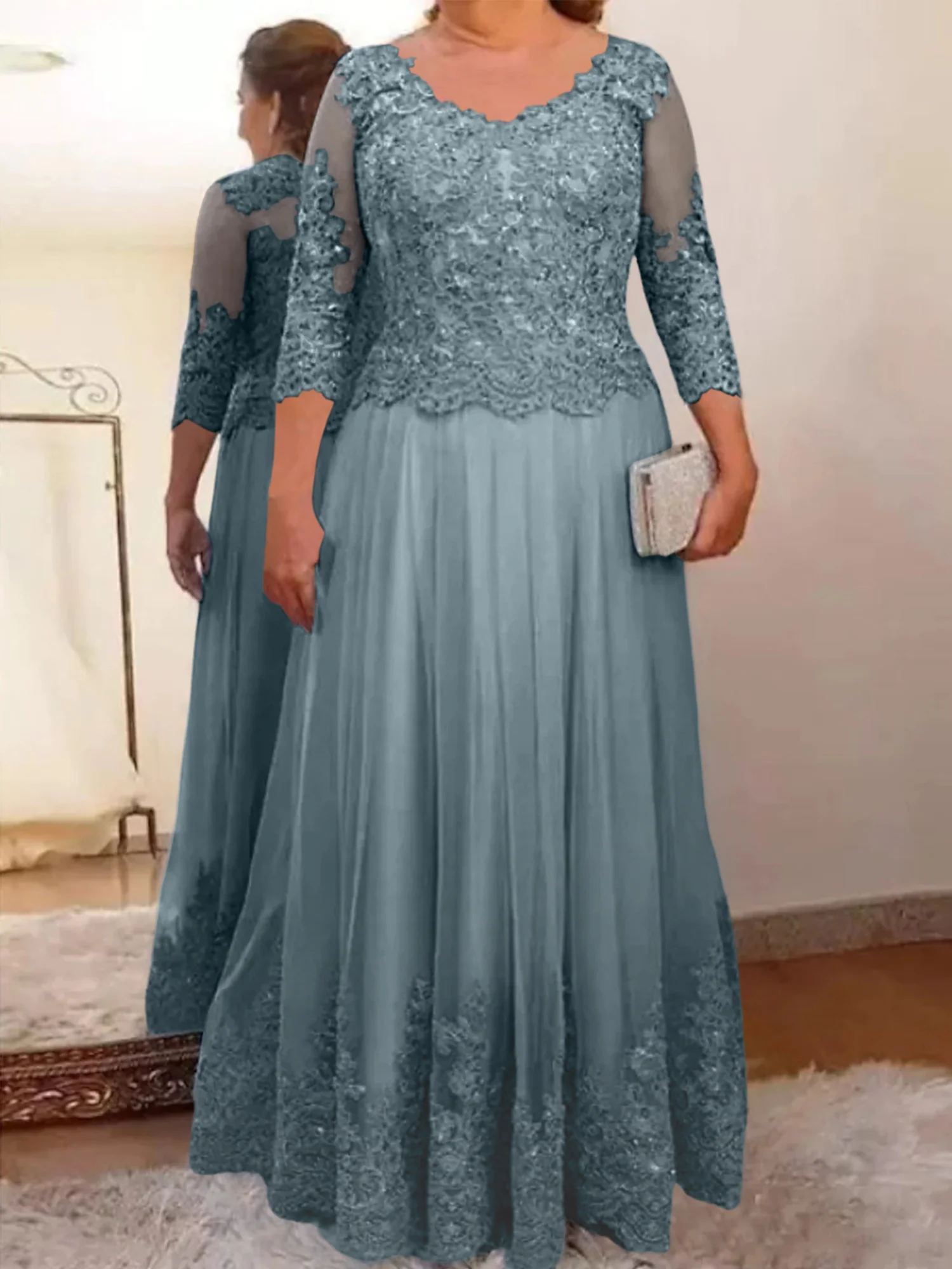 A-Line/Princess Sheer Neck 3/4 Length Sleeves Floor-Length Mother of the Bride Dresses with Applique - Image 24