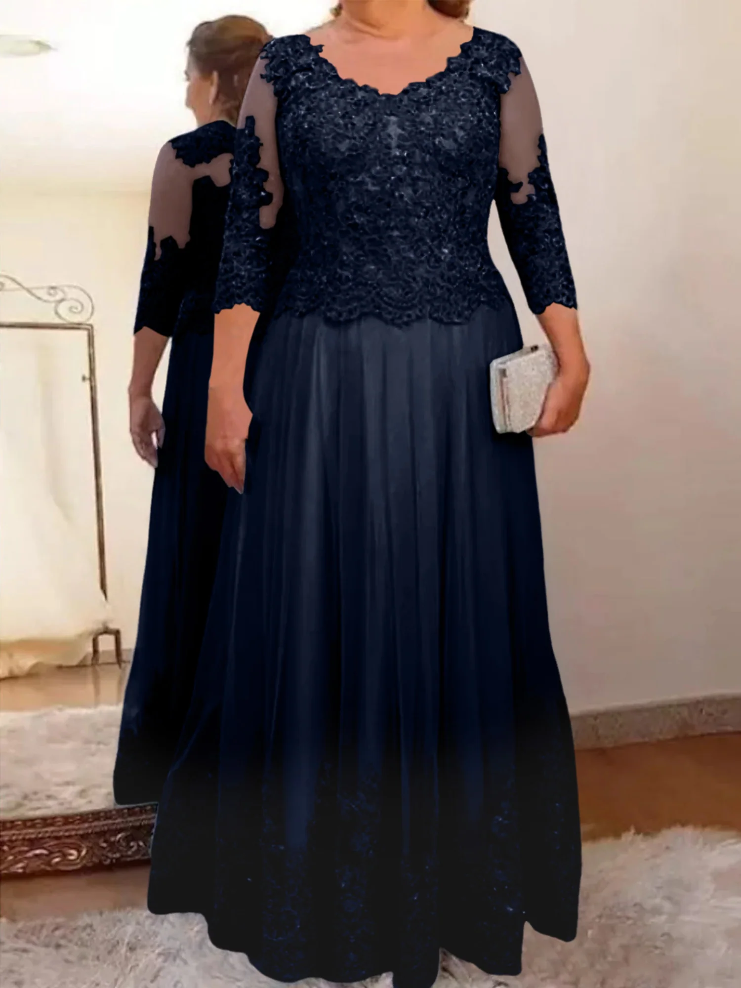 A-Line/Princess Sheer Neck 3/4 Length Sleeves Floor-Length Mother of the Bride Dresses with Applique - Image 25