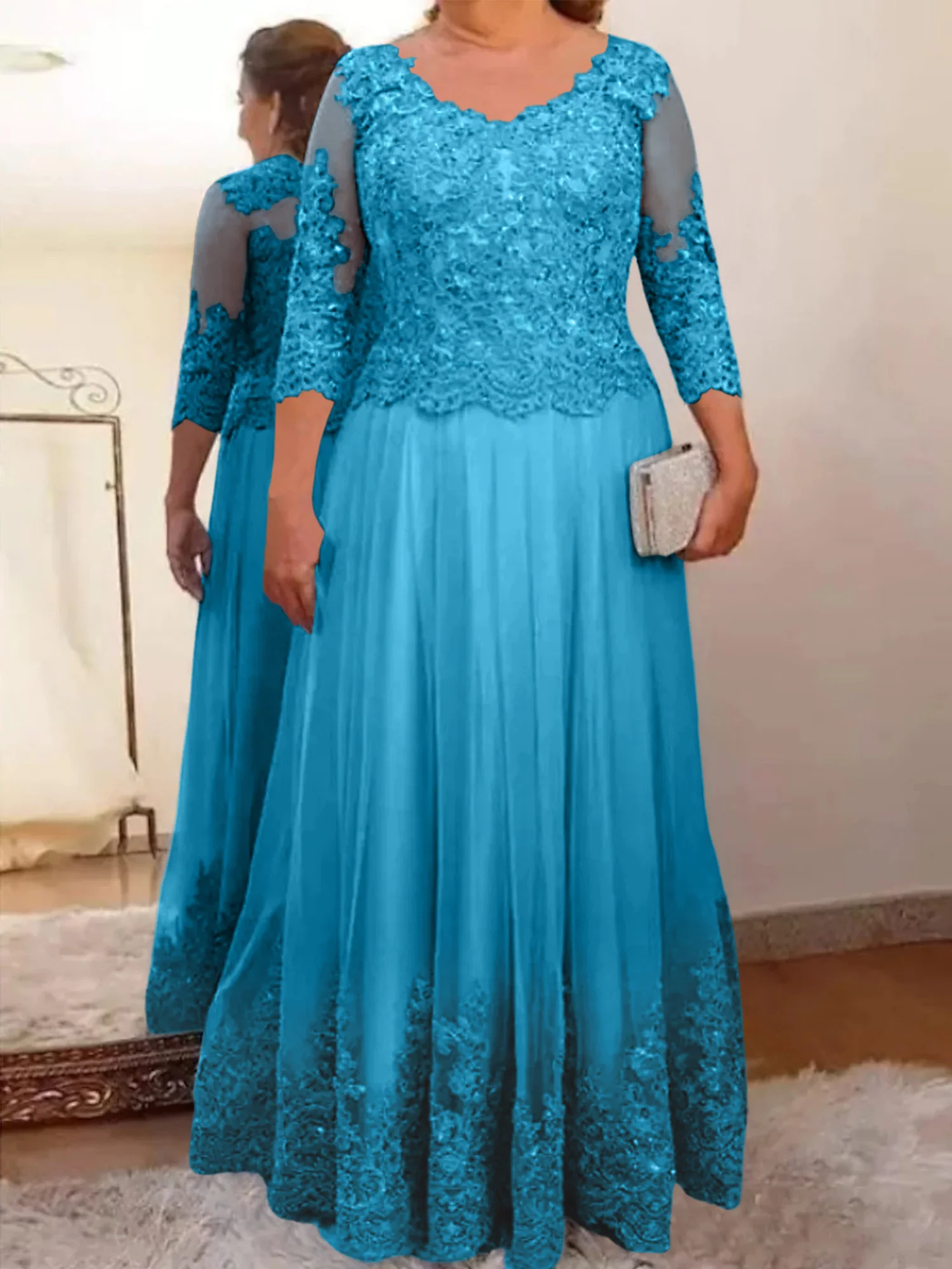 A-Line/Princess Sheer Neck 3/4 Length Sleeves Floor-Length Mother of the Bride Dresses with Applique - Image 26