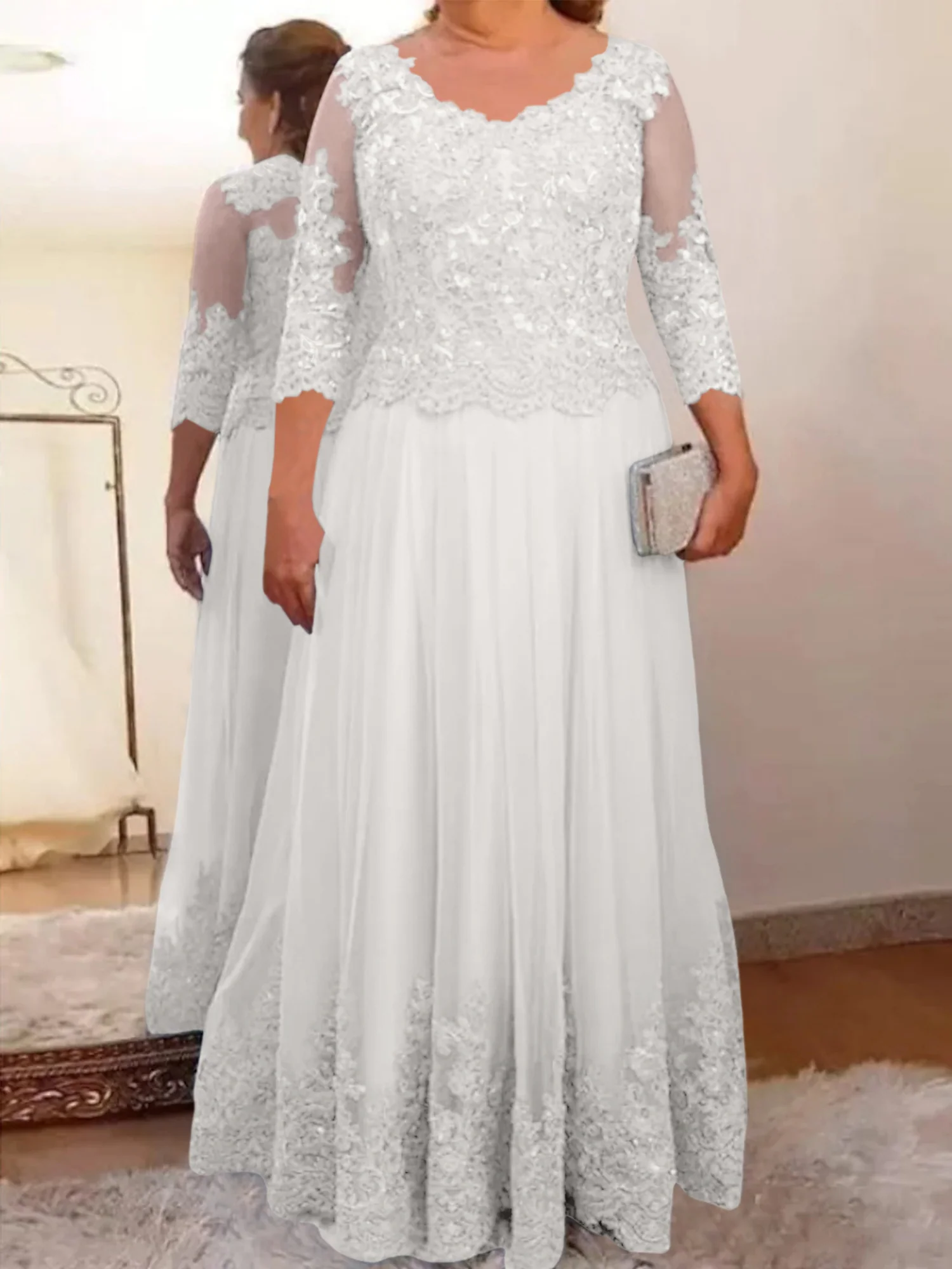 A-Line/Princess Sheer Neck 3/4 Length Sleeves Floor-Length Mother of the Bride Dresses with Applique - Image 27