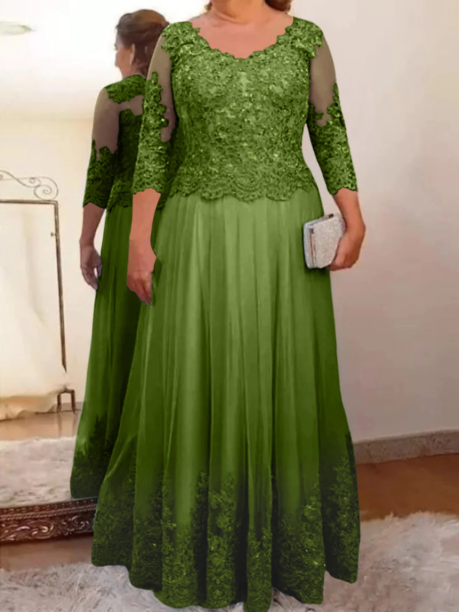 A-Line/Princess Sheer Neck 3/4 Length Sleeves Floor-Length Mother of the Bride Dresses with Applique - Image 28