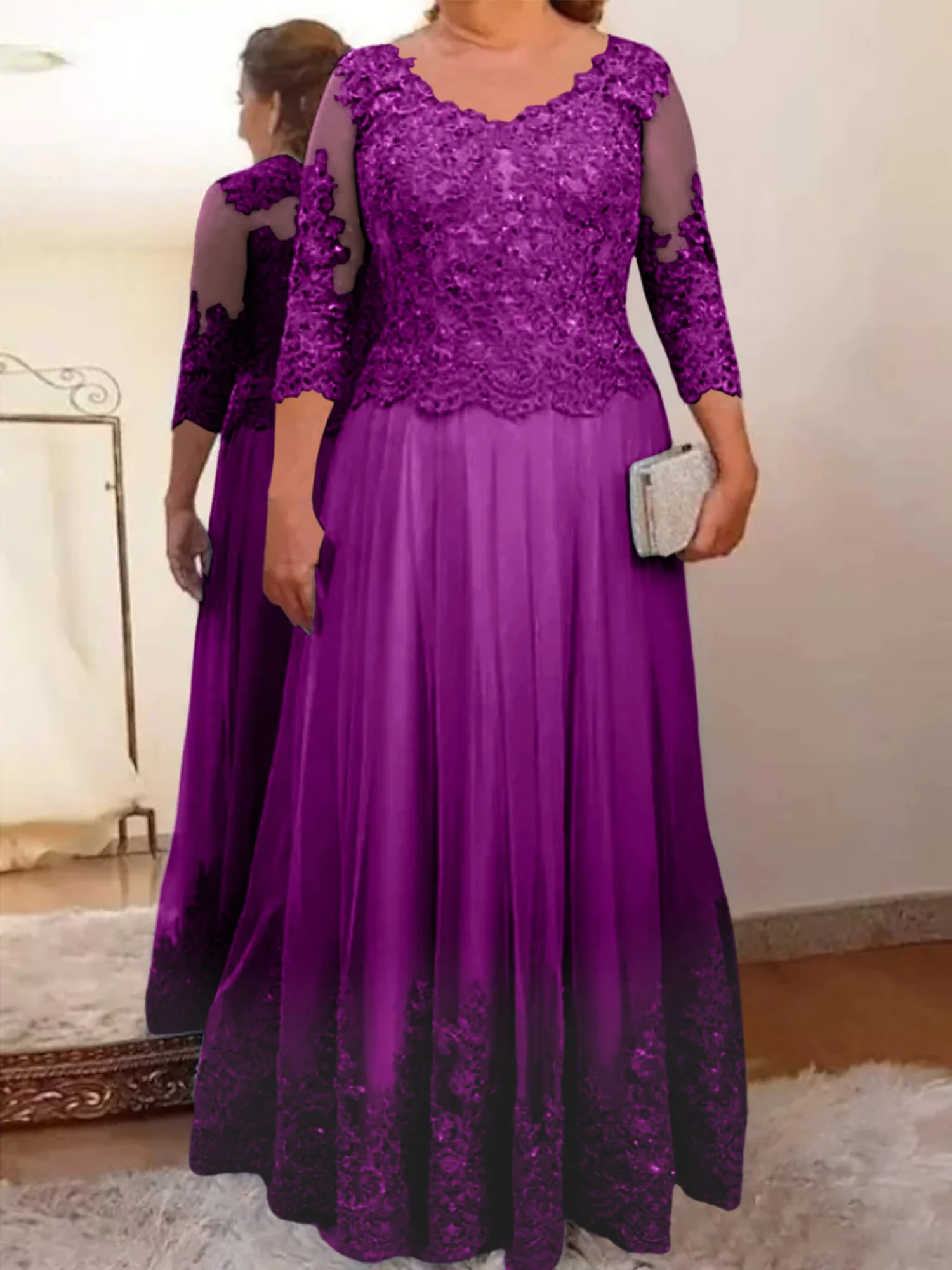 A-Line/Princess Sheer Neck 3/4 Length Sleeves Floor-Length Mother of the Bride Dresses with Applique - Image 29