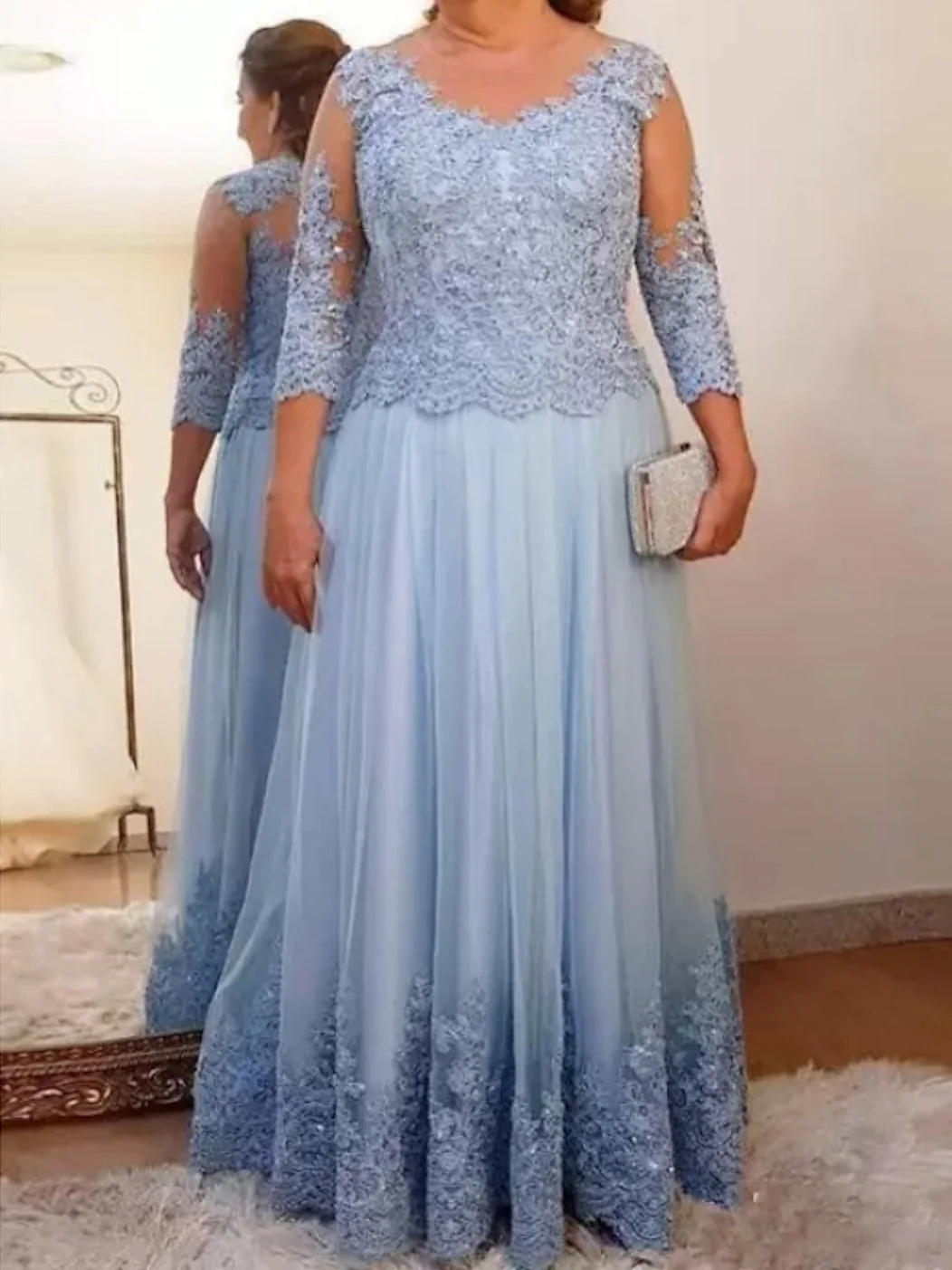 A-Line/Princess Sheer Neck 3/4 Length Sleeves Floor-Length Mother of the Bride Dresses with Applique - Image 3