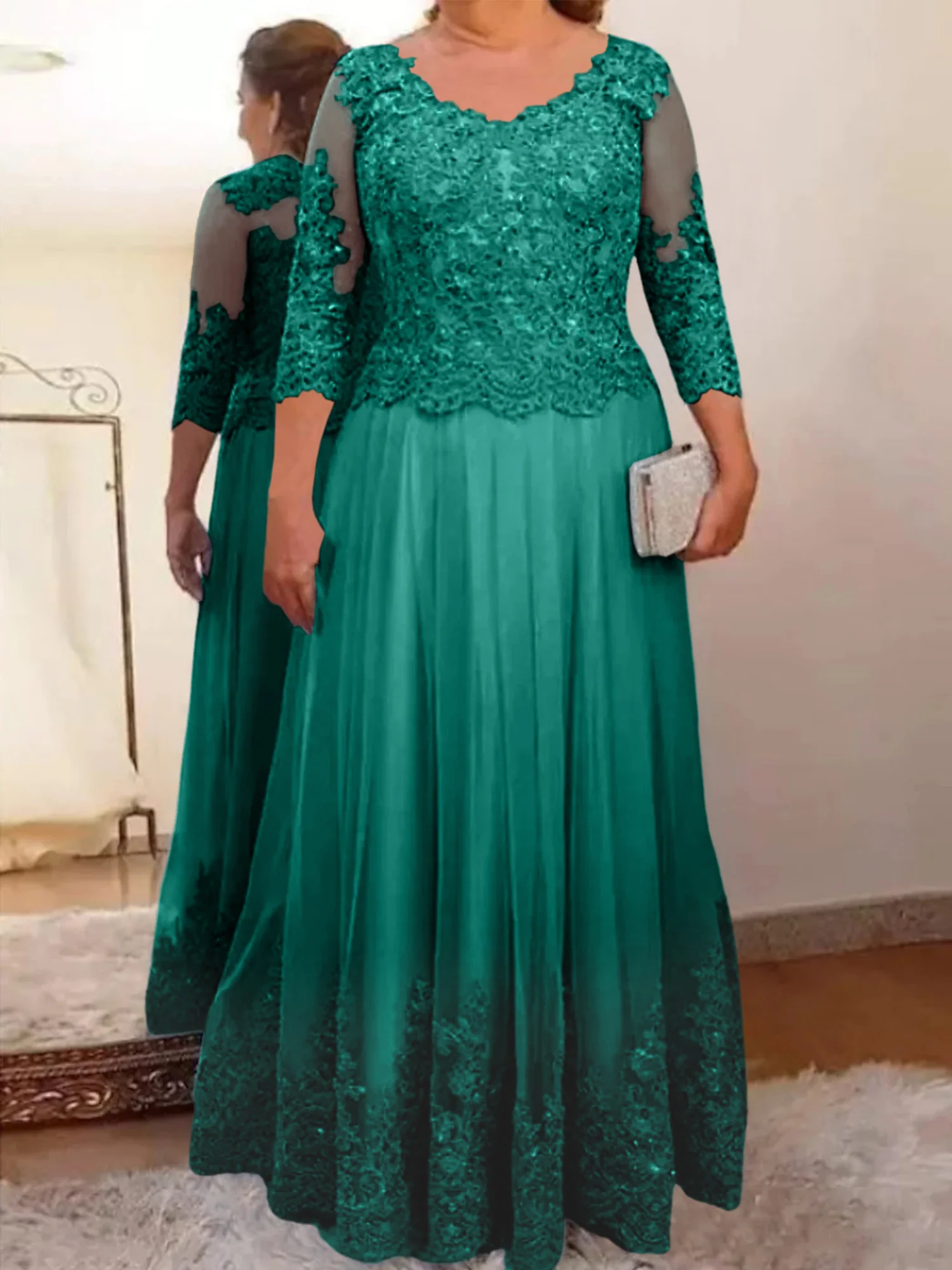 A-Line/Princess Sheer Neck 3/4 Length Sleeves Floor-Length Mother of the Bride Dresses with Applique - Image 30