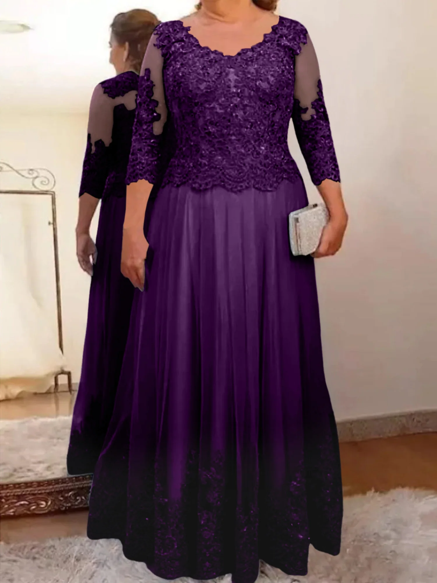 A-Line/Princess Sheer Neck 3/4 Length Sleeves Floor-Length Mother of the Bride Dresses with Applique - Image 31