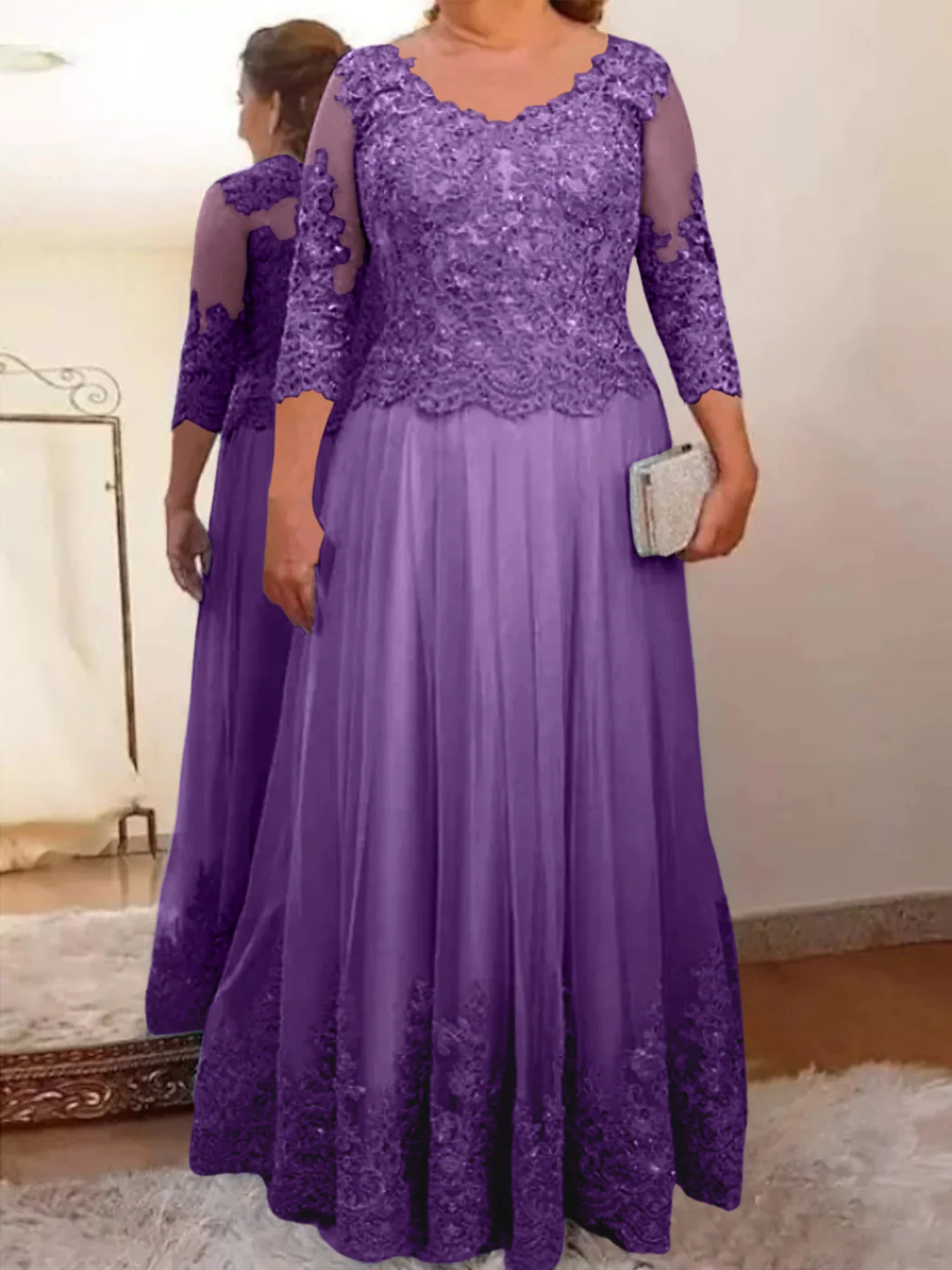 A-Line/Princess Sheer Neck 3/4 Length Sleeves Floor-Length Mother of the Bride Dresses with Applique - Image 32