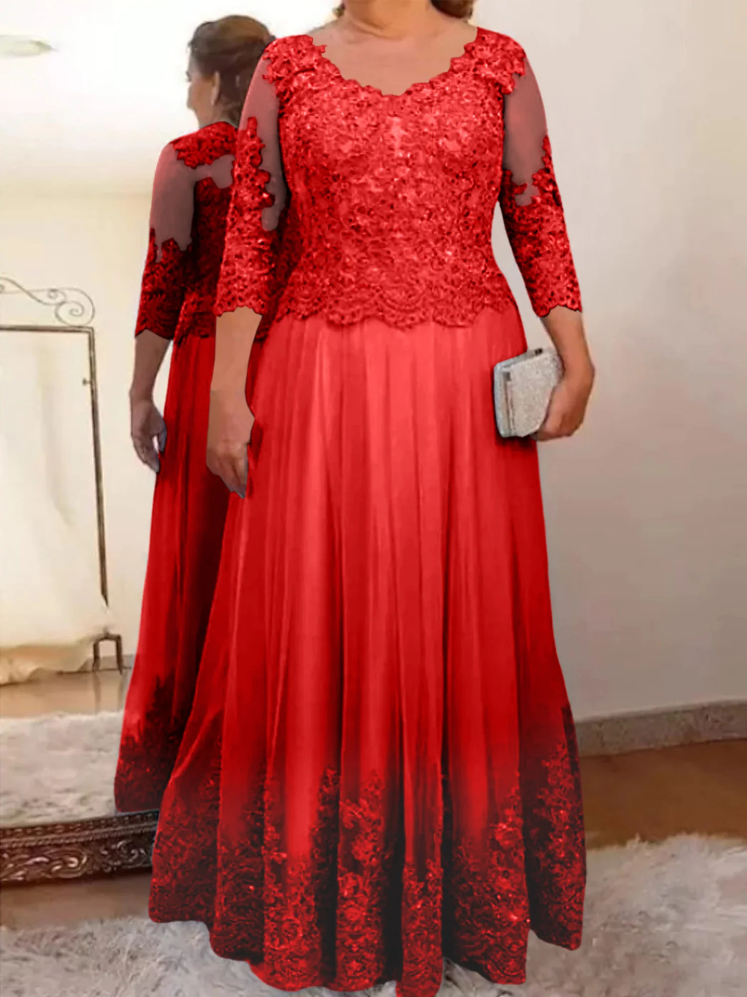 A-Line/Princess Sheer Neck 3/4 Length Sleeves Floor-Length Mother of the Bride Dresses with Applique - Image 33