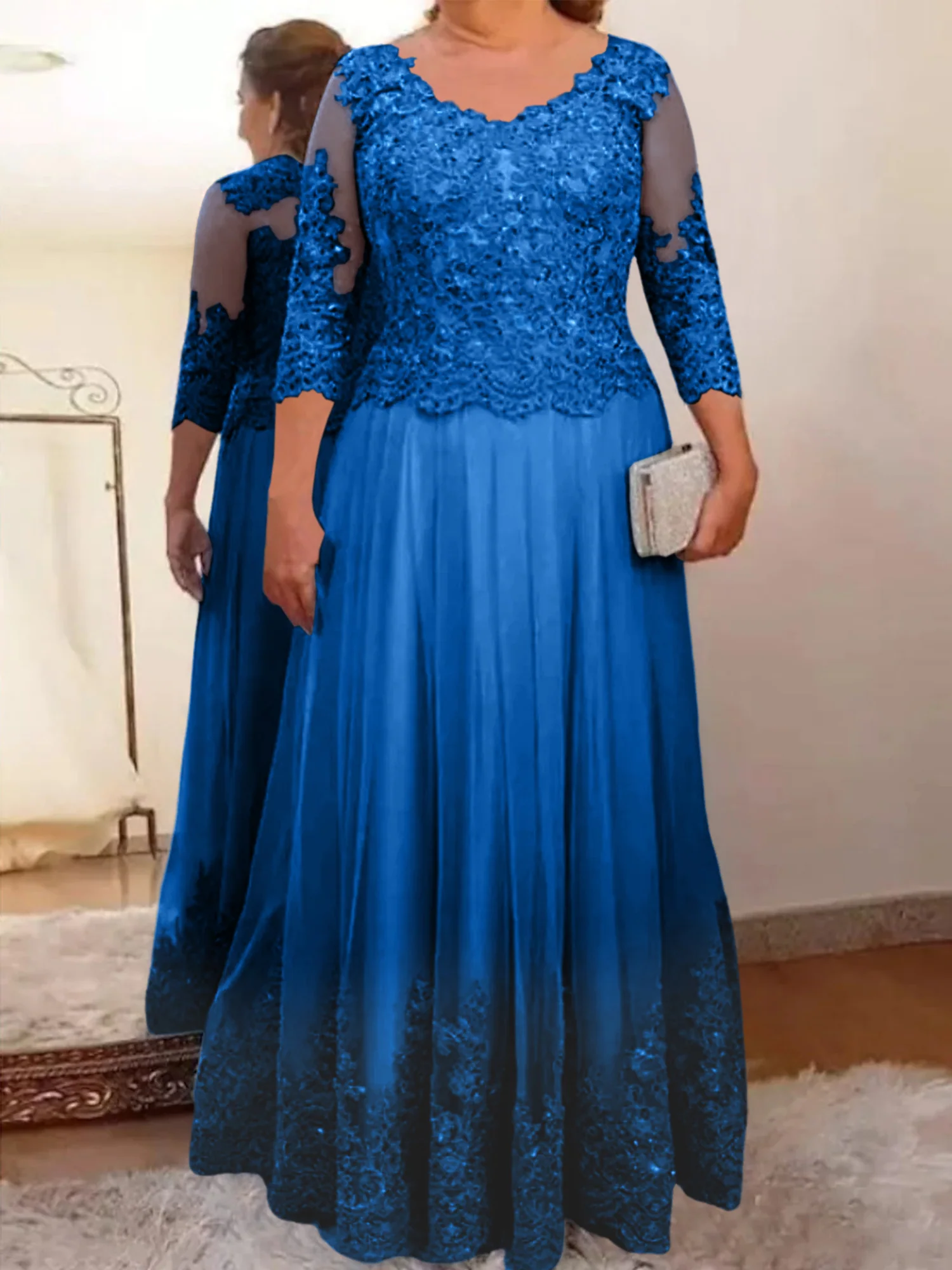 A-Line/Princess Sheer Neck 3/4 Length Sleeves Floor-Length Mother of the Bride Dresses with Applique - Image 34